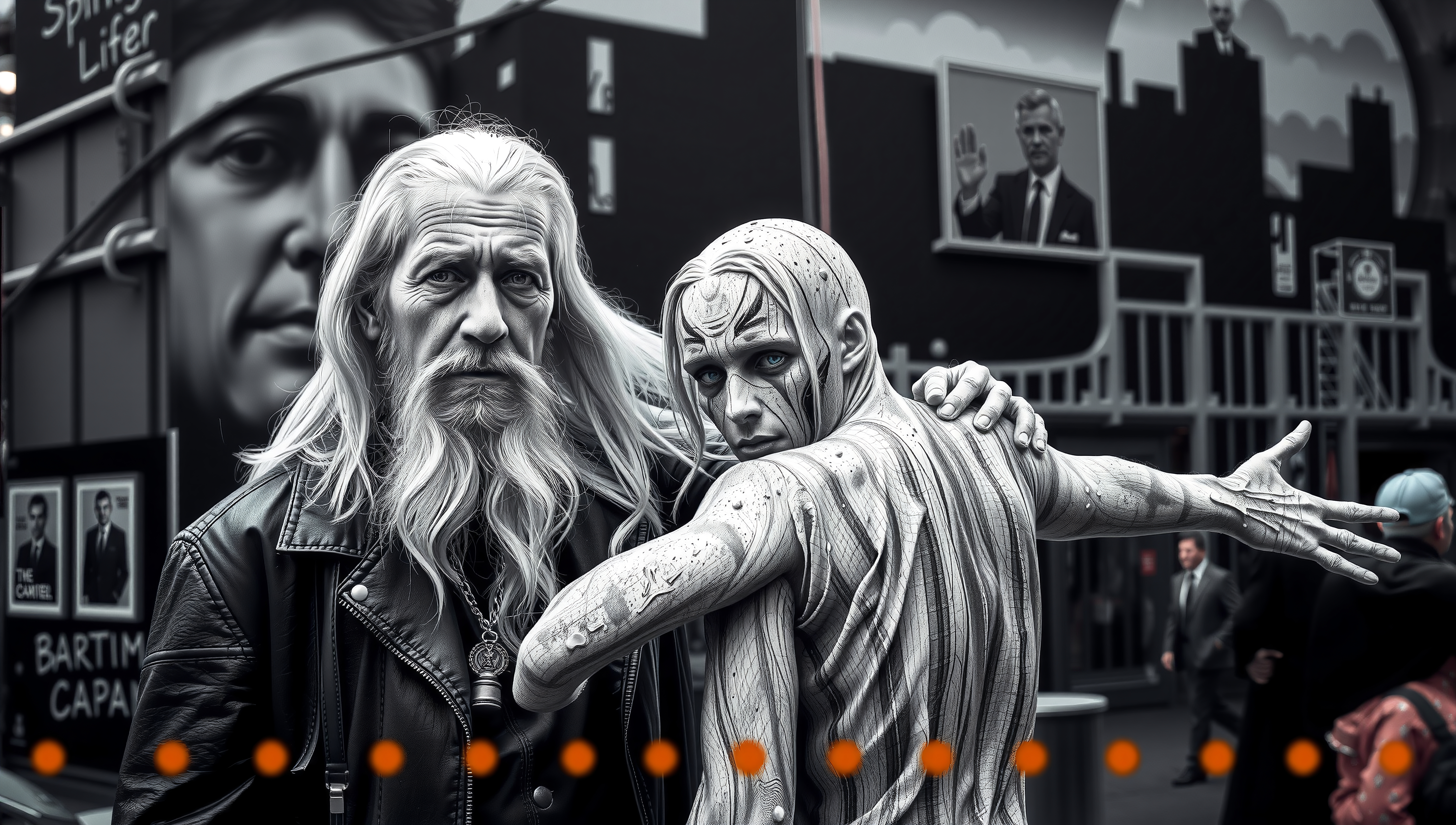 lderly protector standing beside mutated companion in dystopian noir cityscape with glowing orange dots