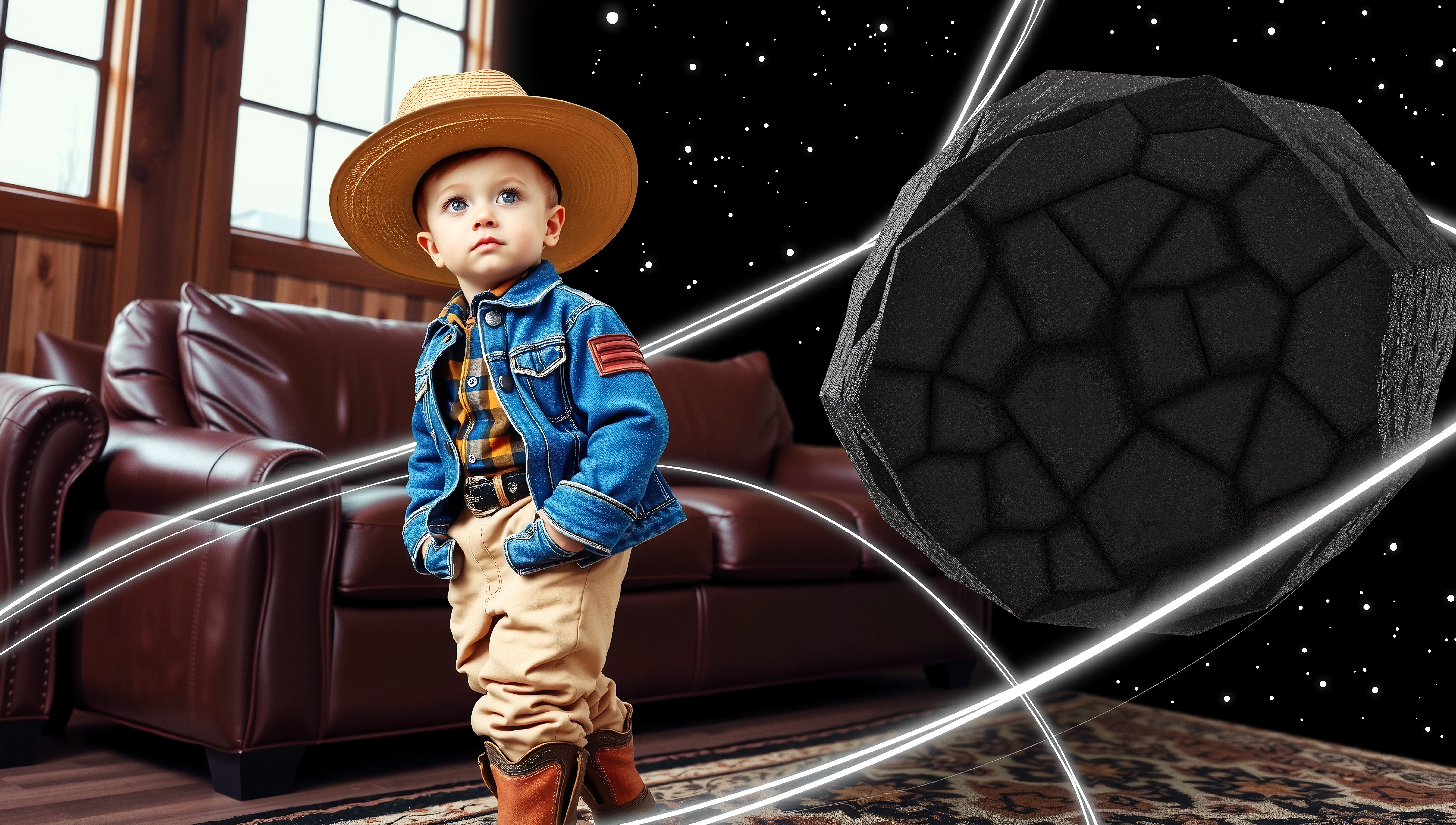 Young child dressed as cowboy in home with asteroid.
