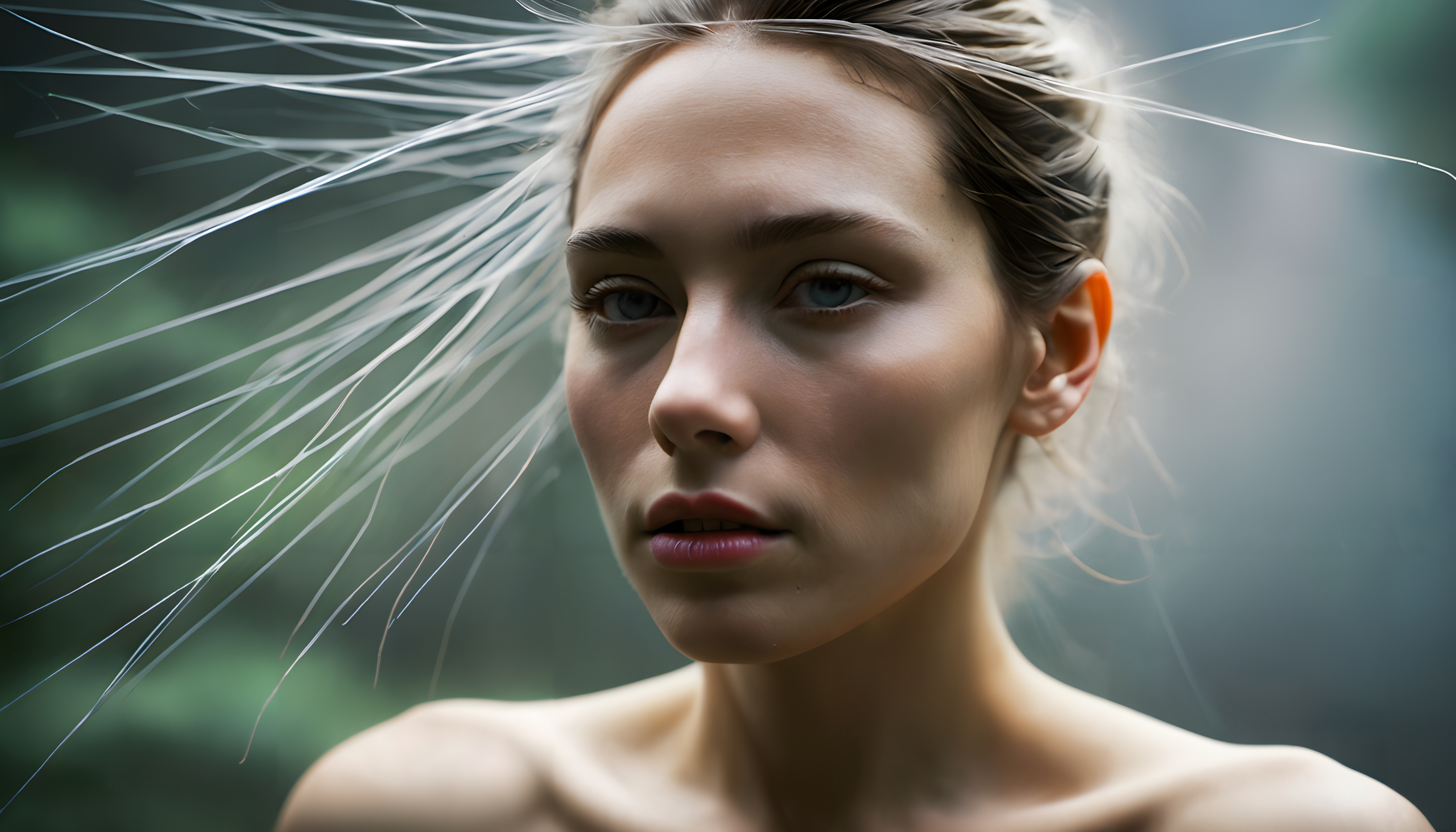 A serene close-up portrait of a woman with fine hair strands and a softly blurred background.