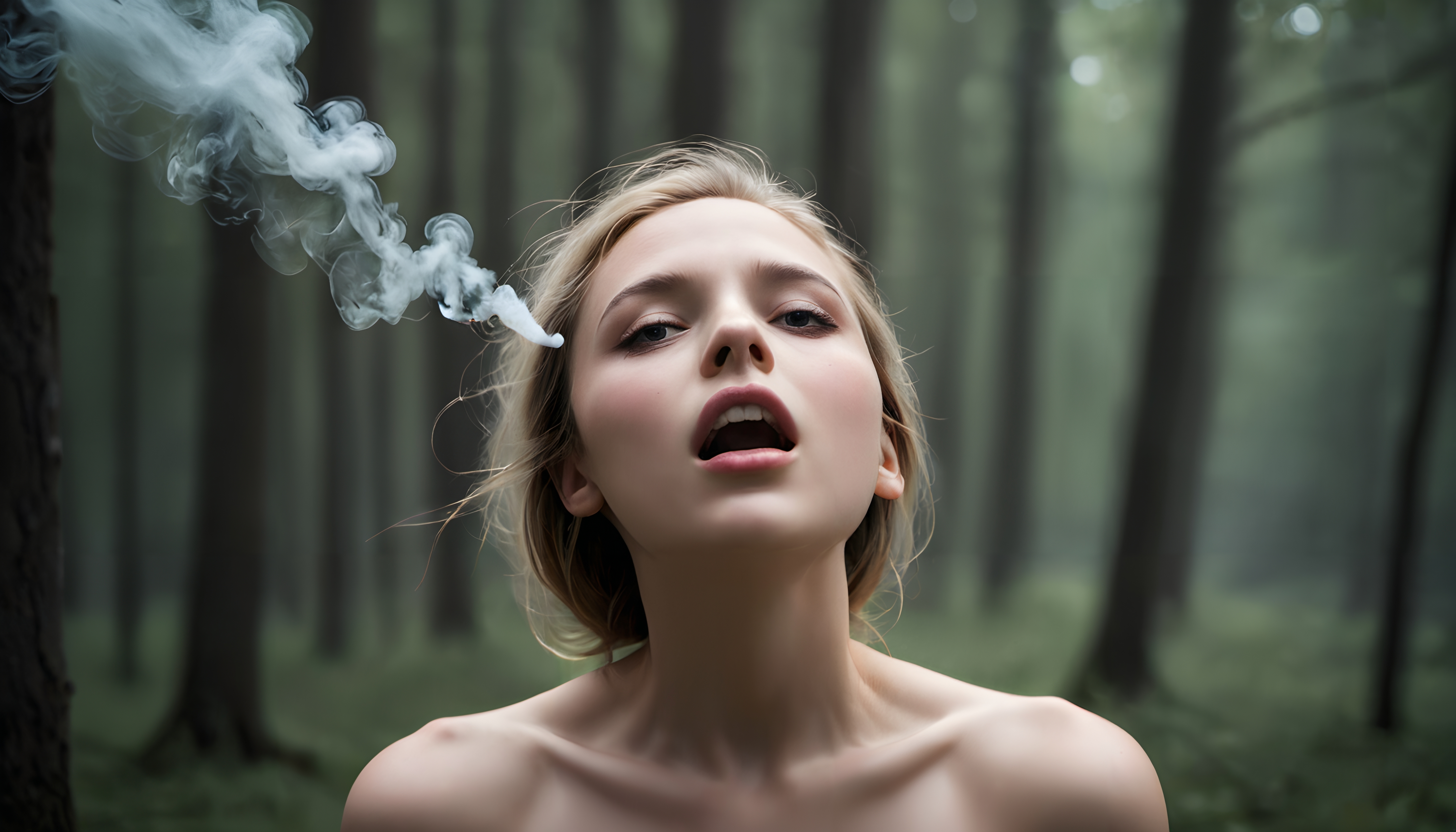 Portrait of a woman exhaling smoke in a serene forest setting.