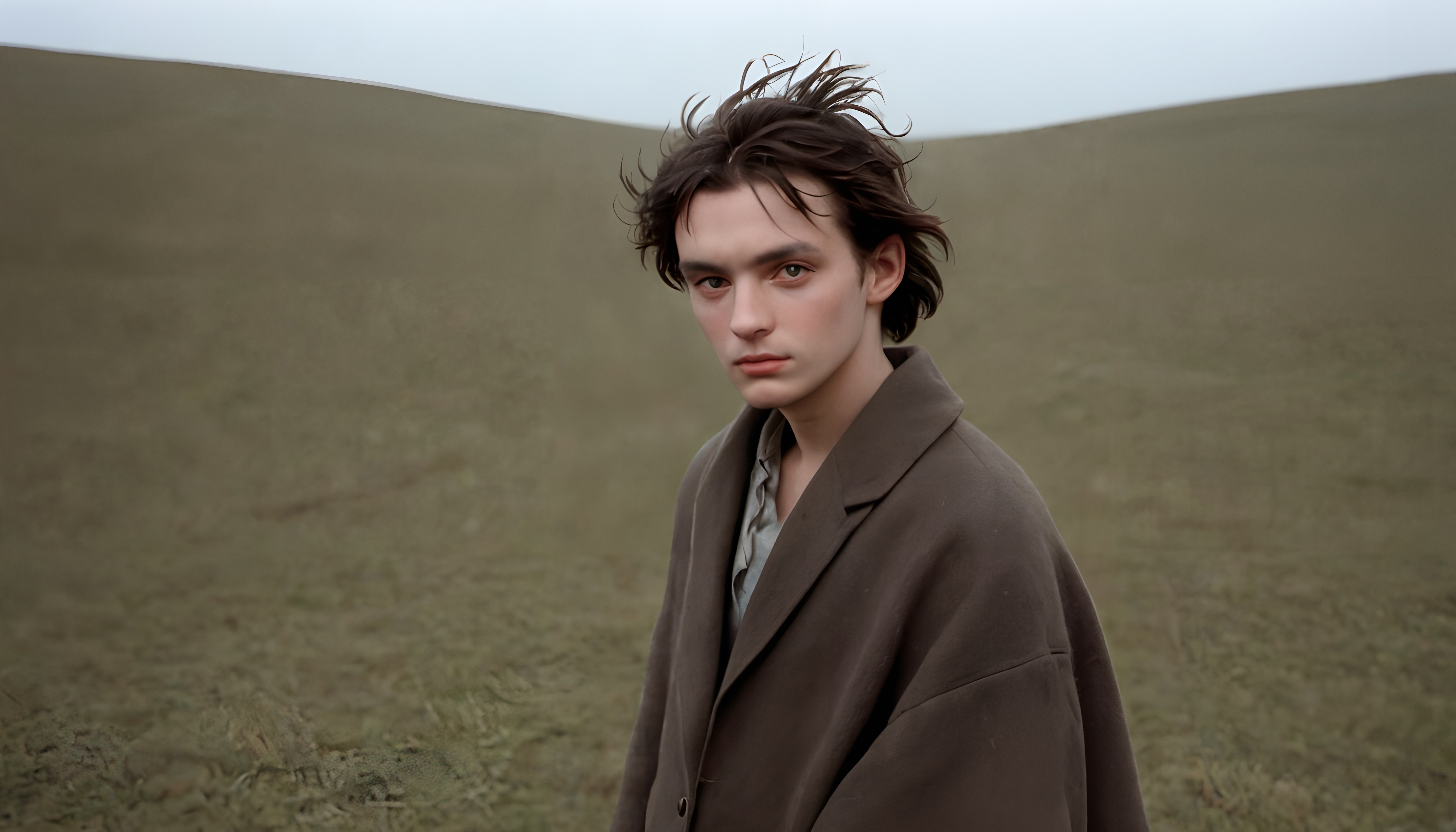 Young man standing alone in windy outdoor field wearing brown coat looking directly into camera with intense gaze