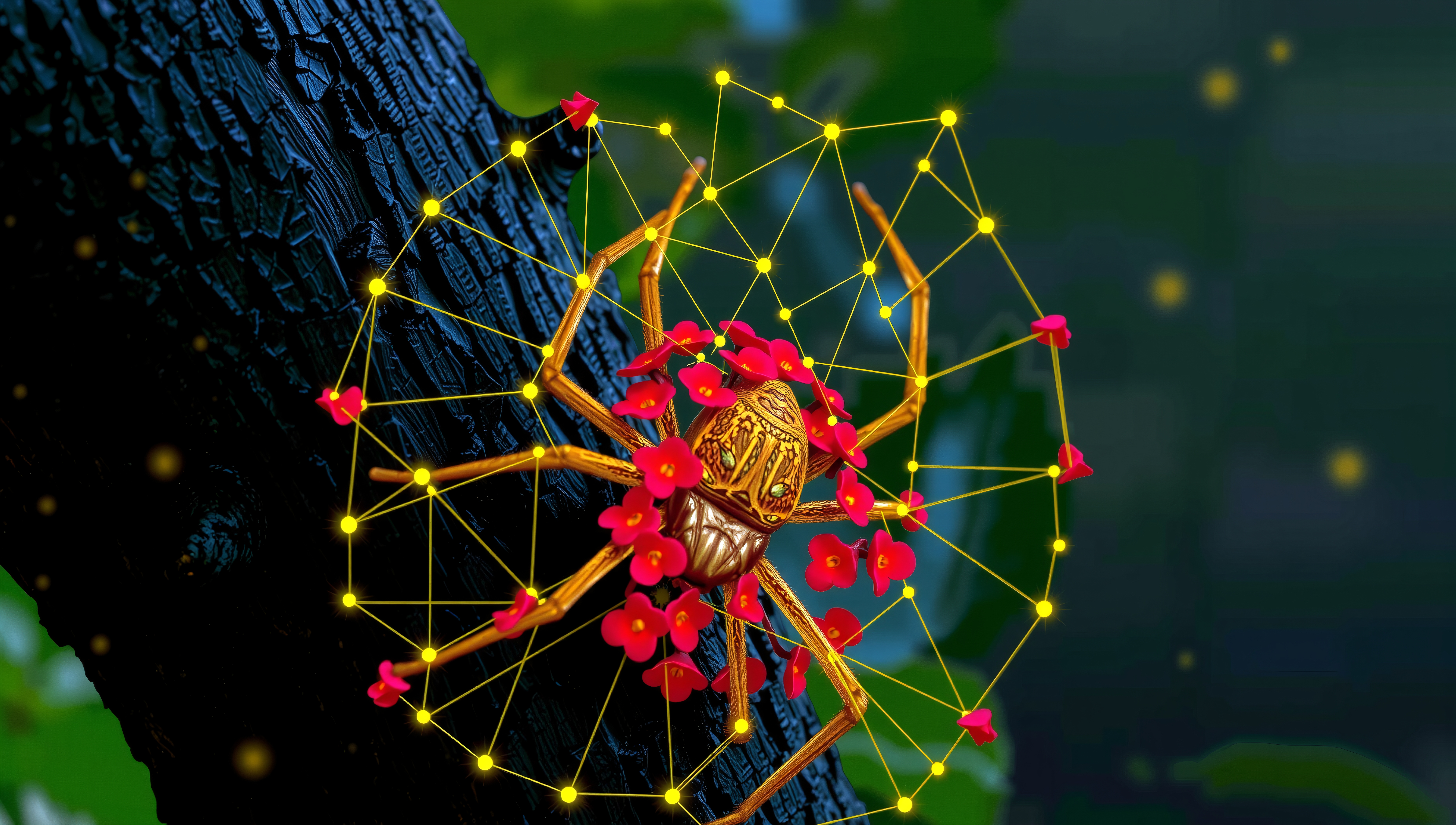 Magical golden spider surrounded by glowing constellation-like webs and blooming red flowers amidst mystical forest scenery
