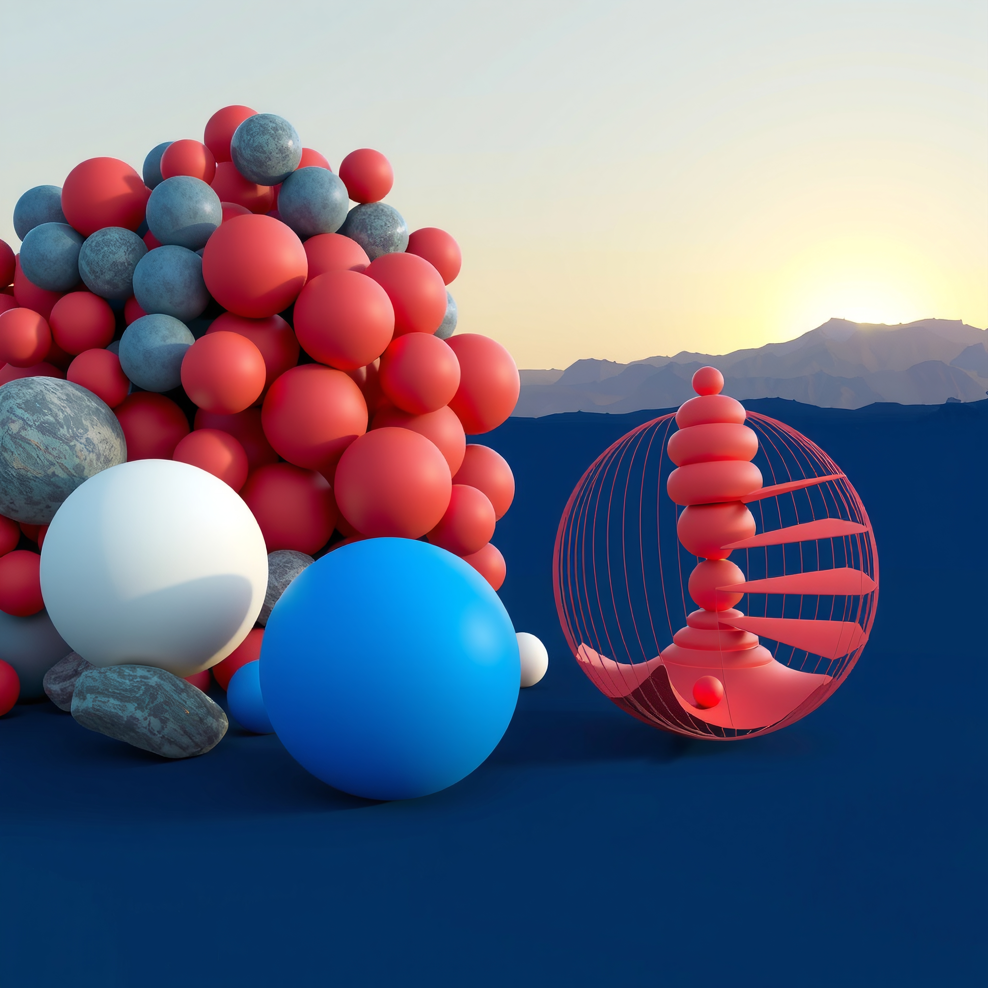 Abstract art with colorful spheres and spiral design against a sunrise background.