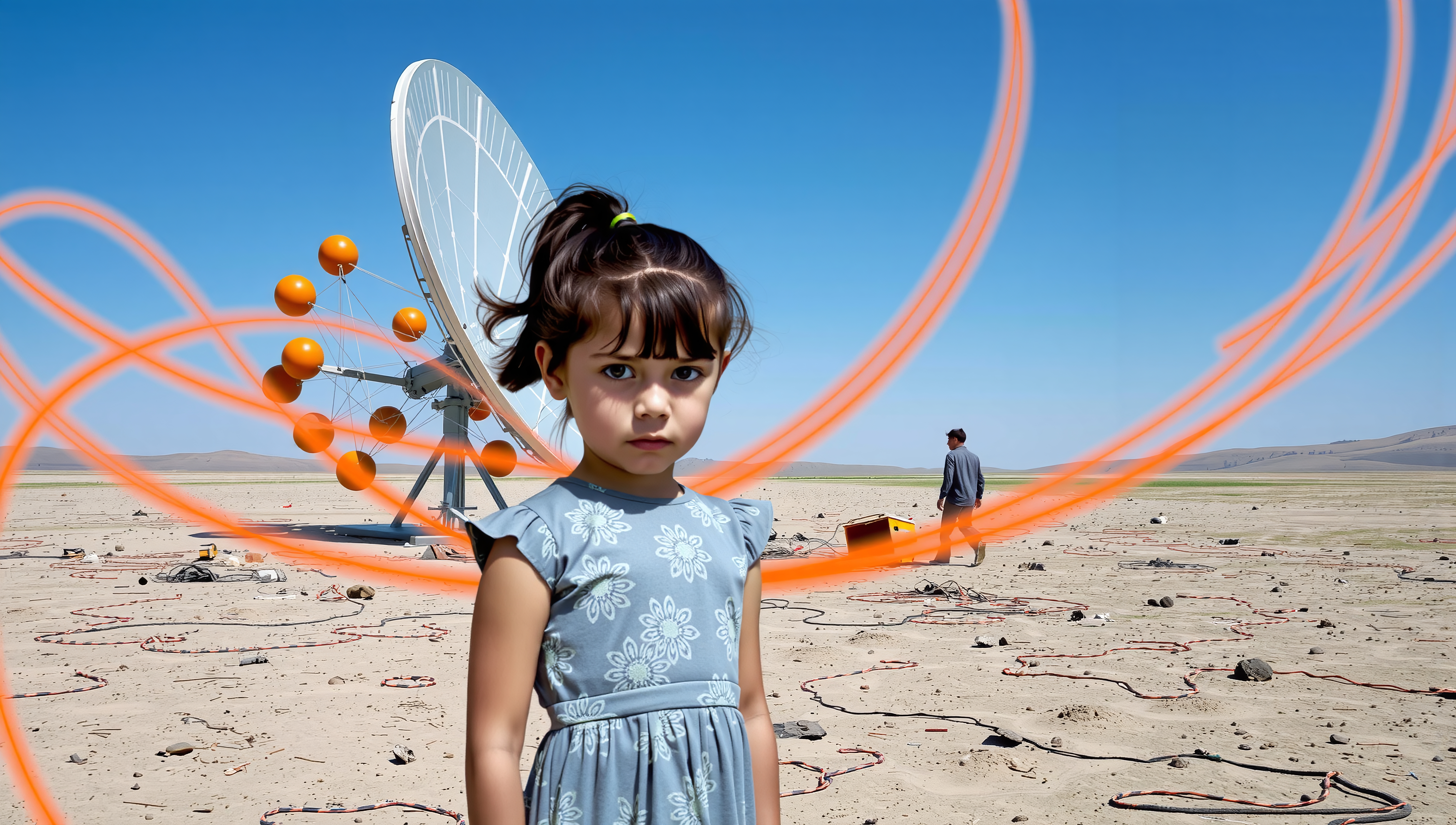 A young girl stands in a desert wearing a blue floral dress, surrounded by a satellite dish and abstract orange swirls, symbolizing technology and movement.