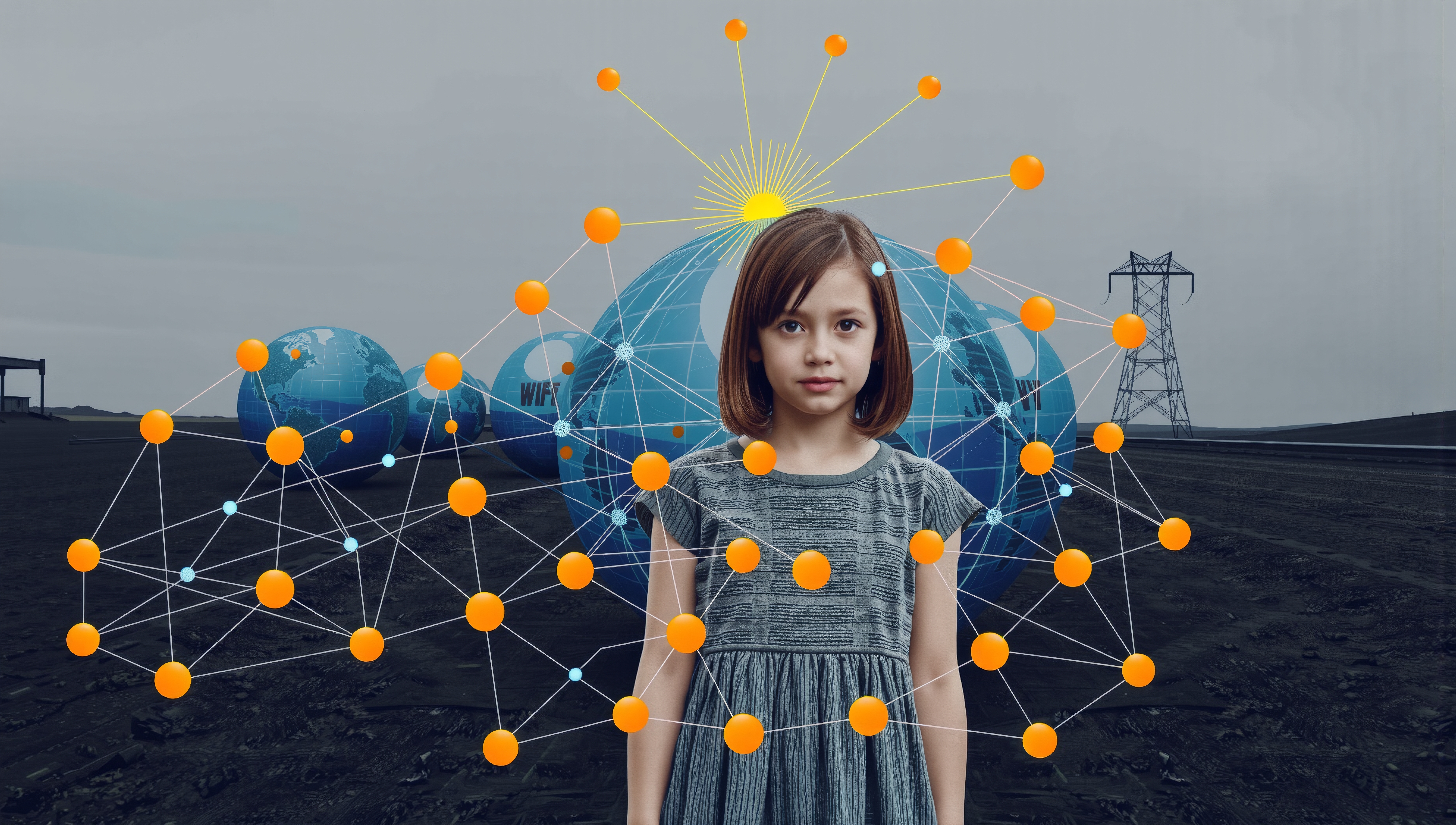 A young girl enveloped in futuristic digital networks with industrial elements.