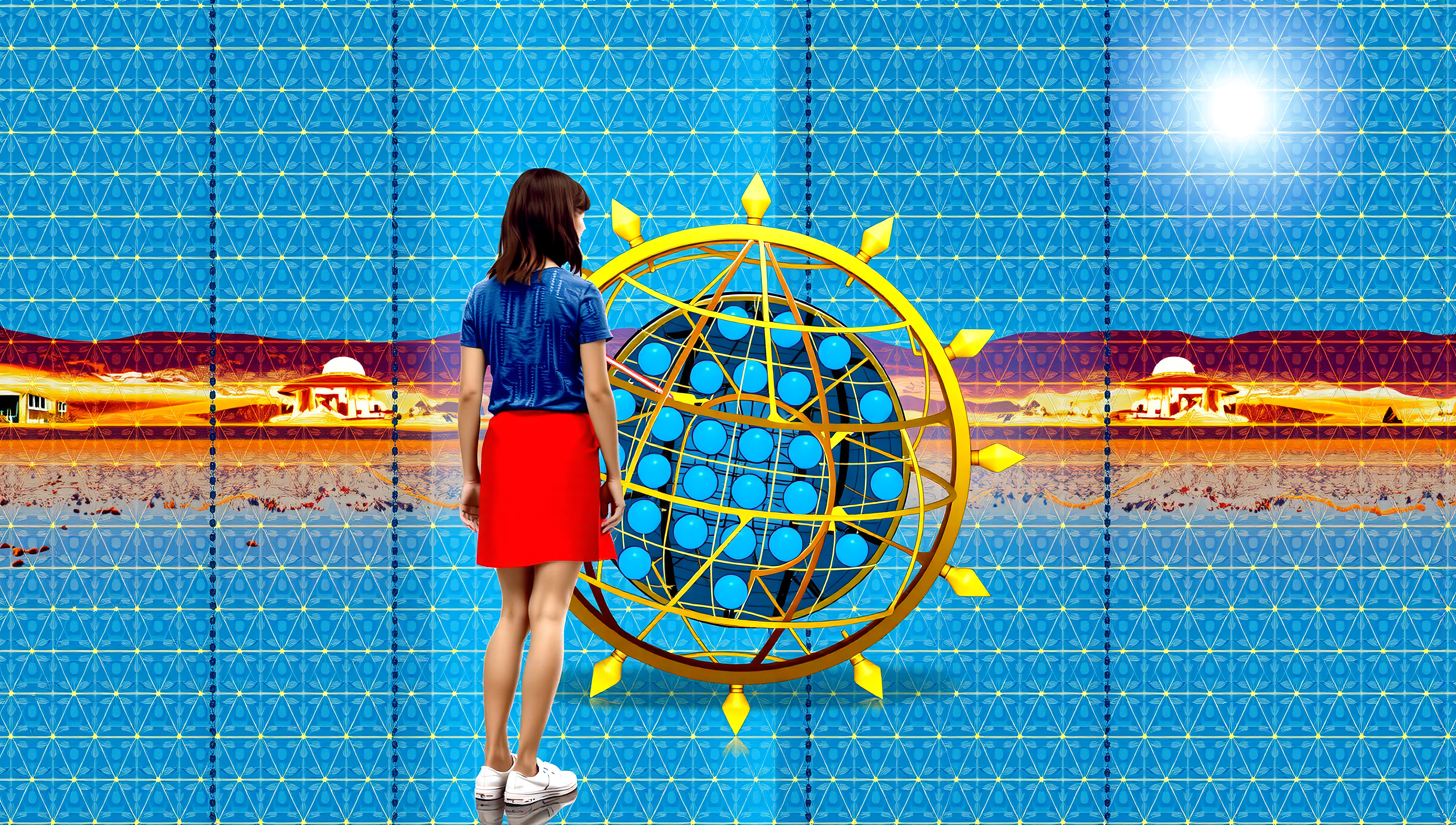 Girl standing before glowing digital globe in surreal futuristic landscape