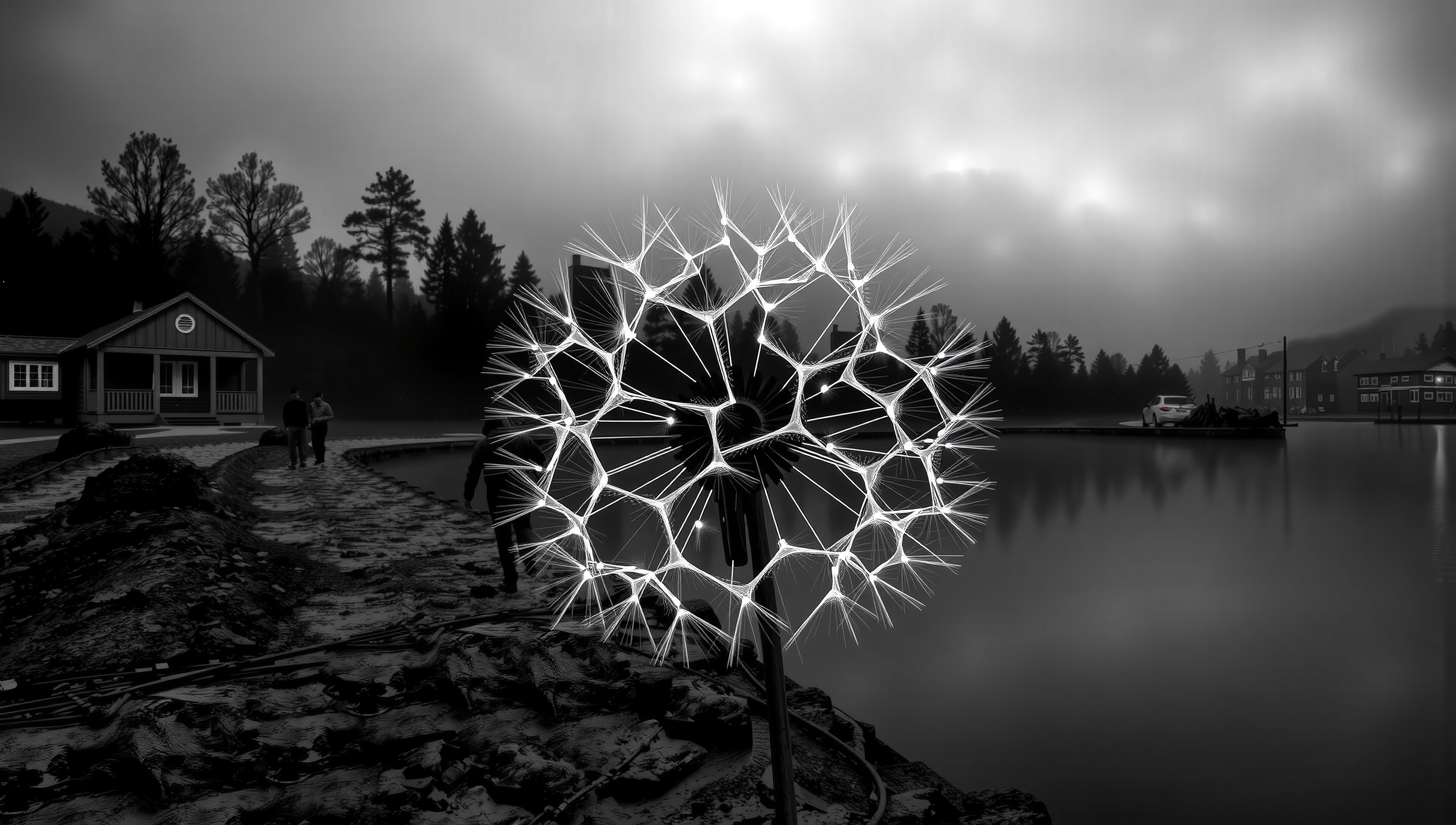 Illuminated dandelion sculpture by misty lake.
