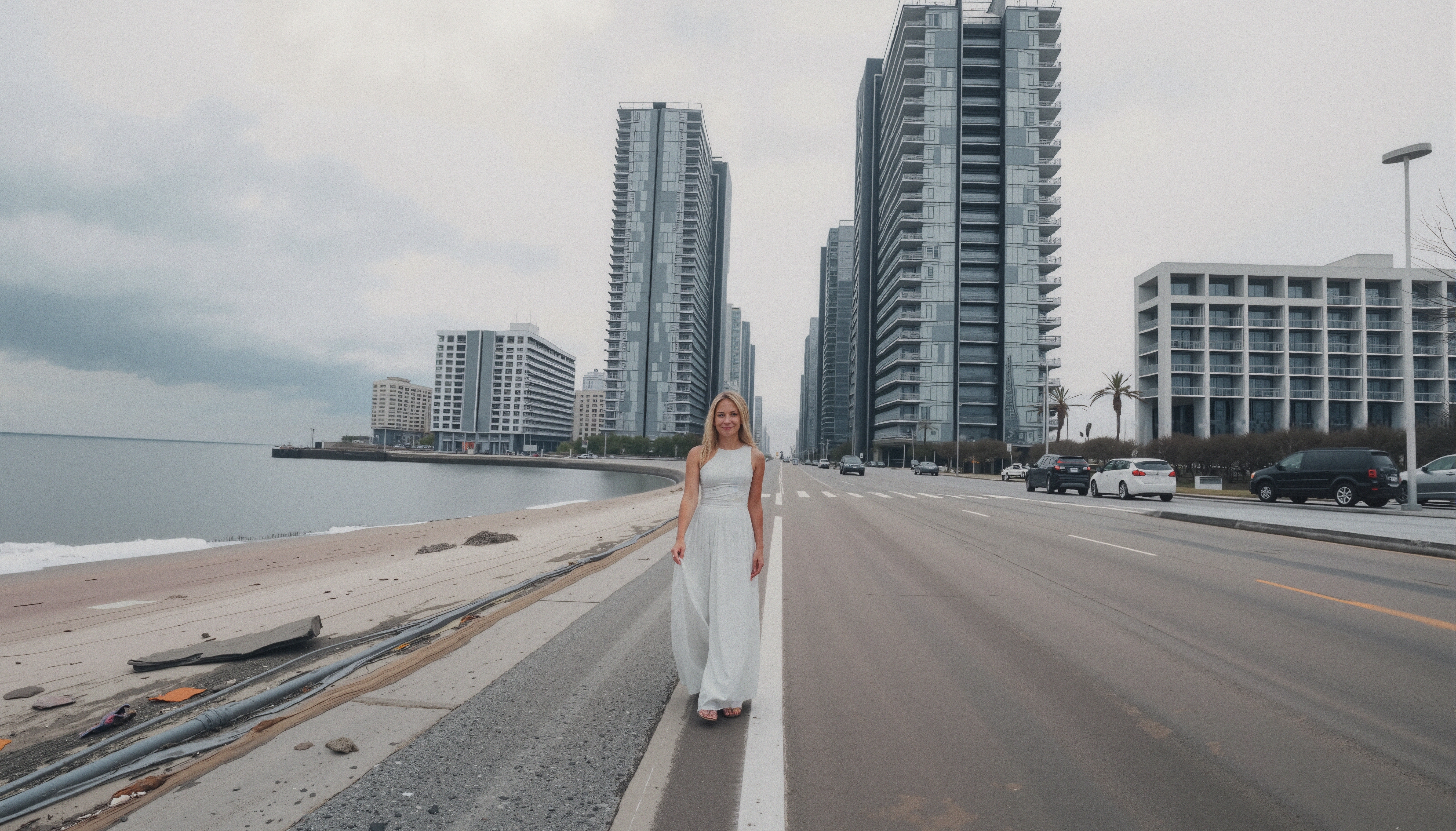 Woman in white dress walking on deserted urban street with modern high-rises.
