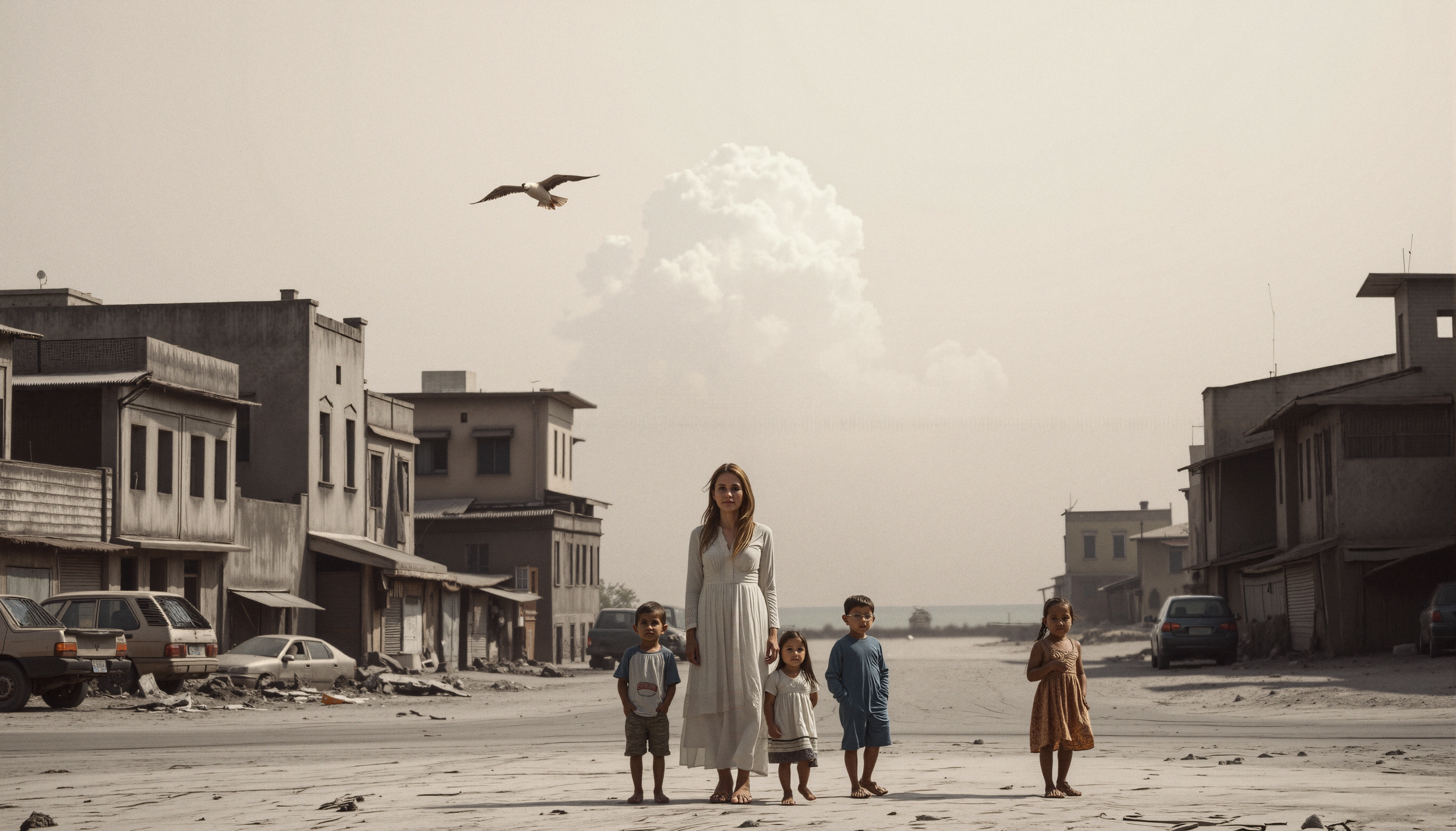 Woman and kids stand in ruined city street after catastrophe, birds fly overhead