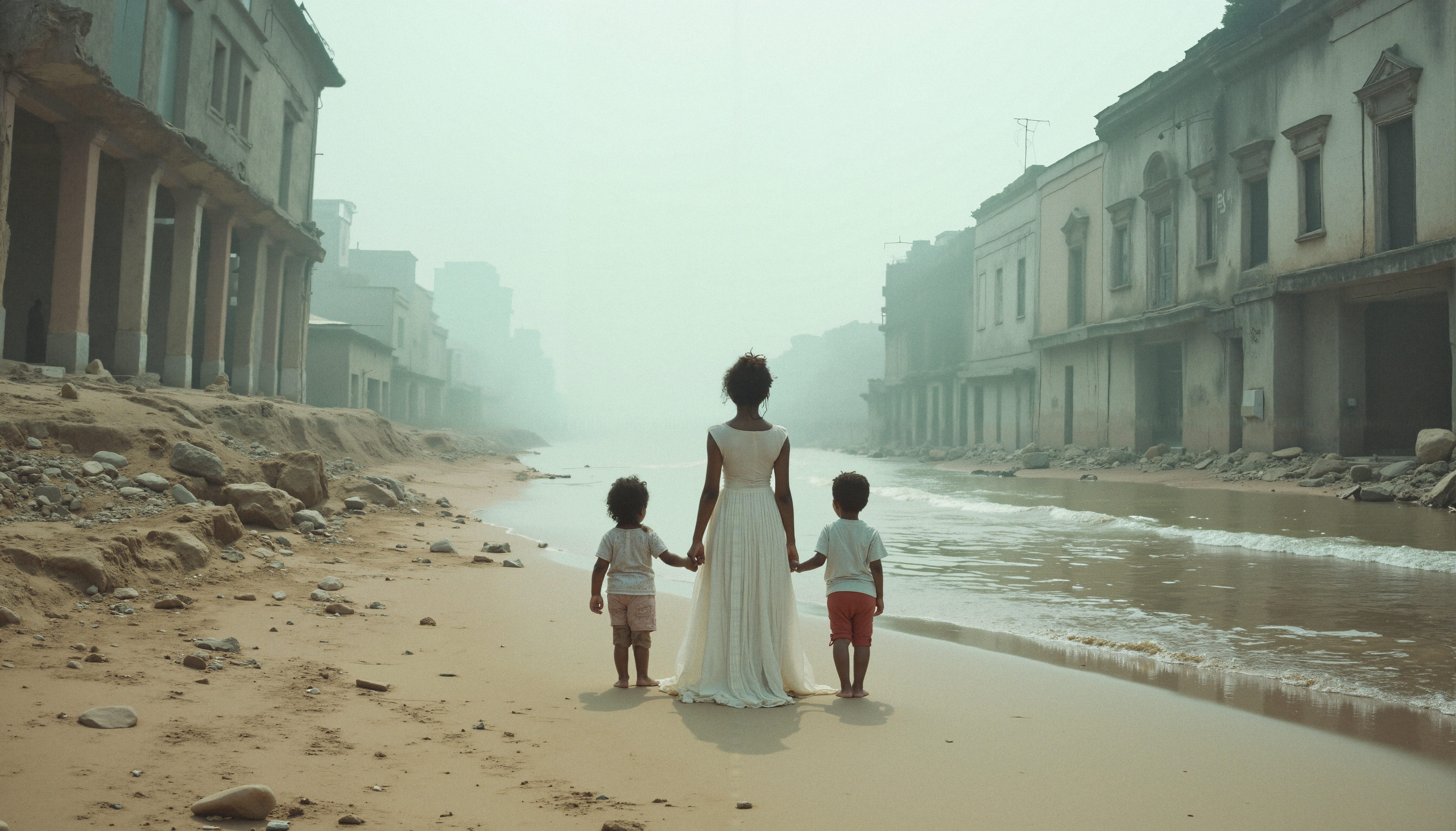 A woman and two children walk down a sand-covered street flanked by weathered buildings.