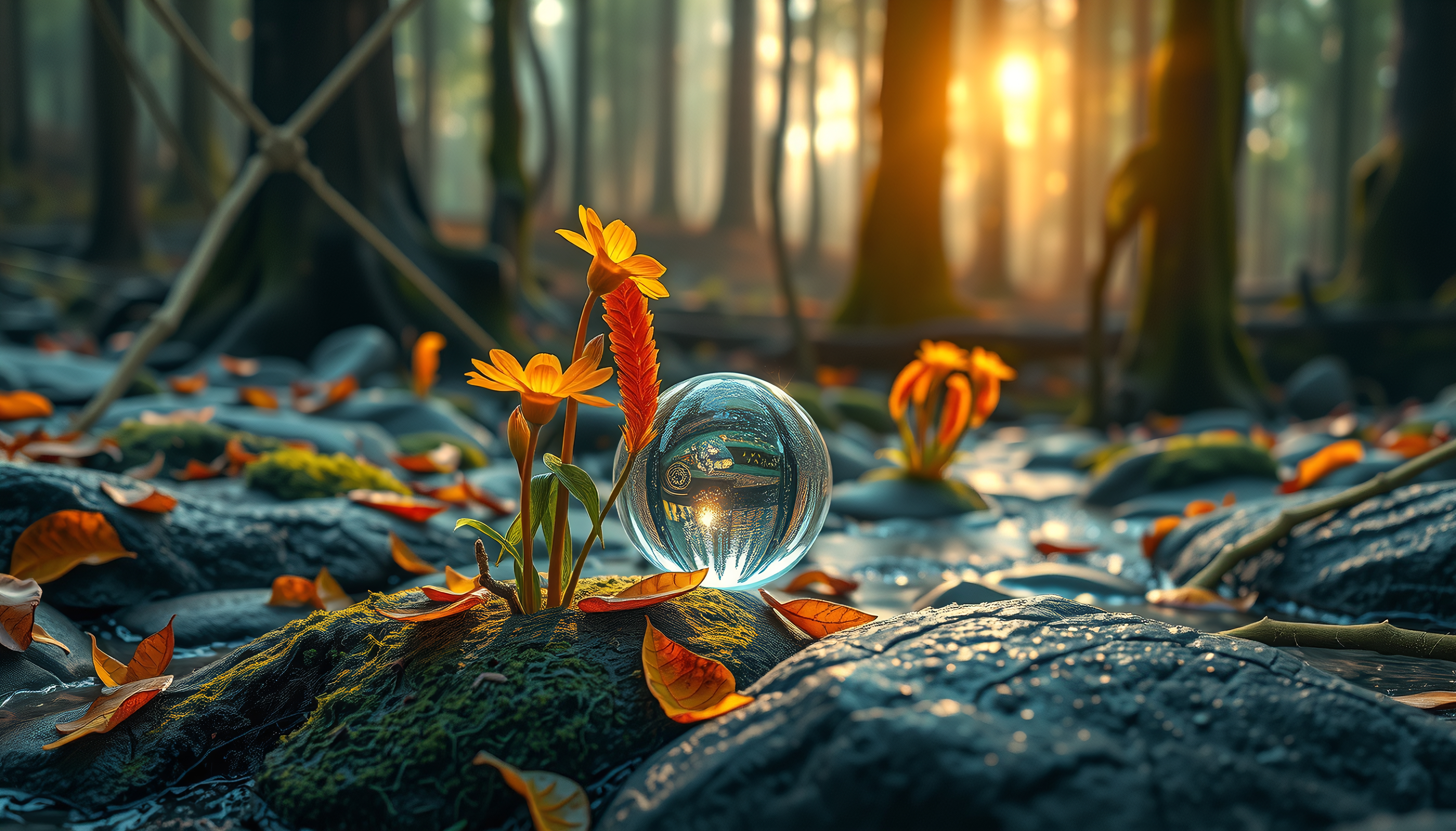 Enchanted forest scene featuring a crystal sphere reflecting cityscape, autumn flowers, golden sunlight, mossy rocks, and fallen leaves in a magical natural setting