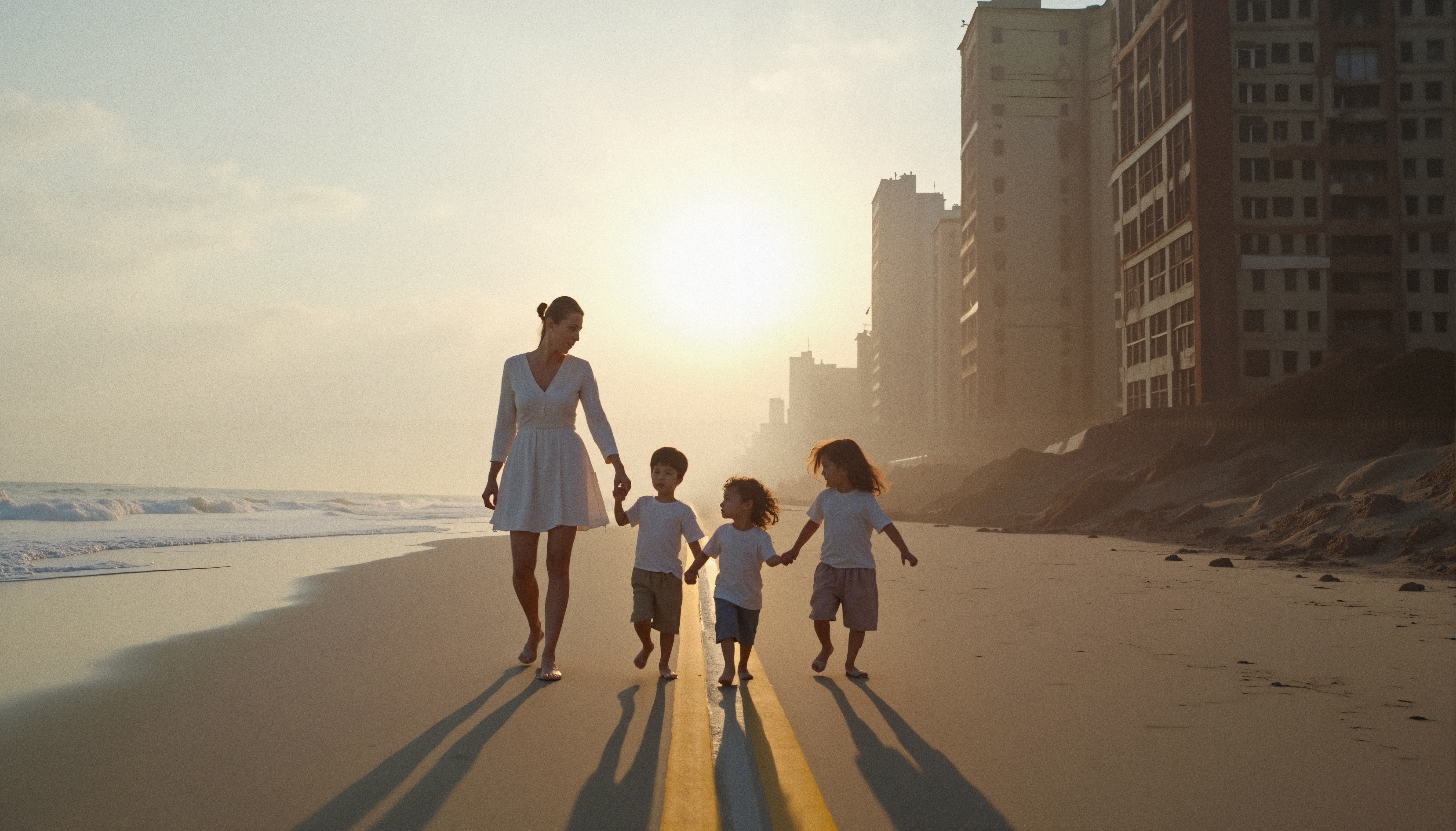 A mother and children walking on a road at sunrise.