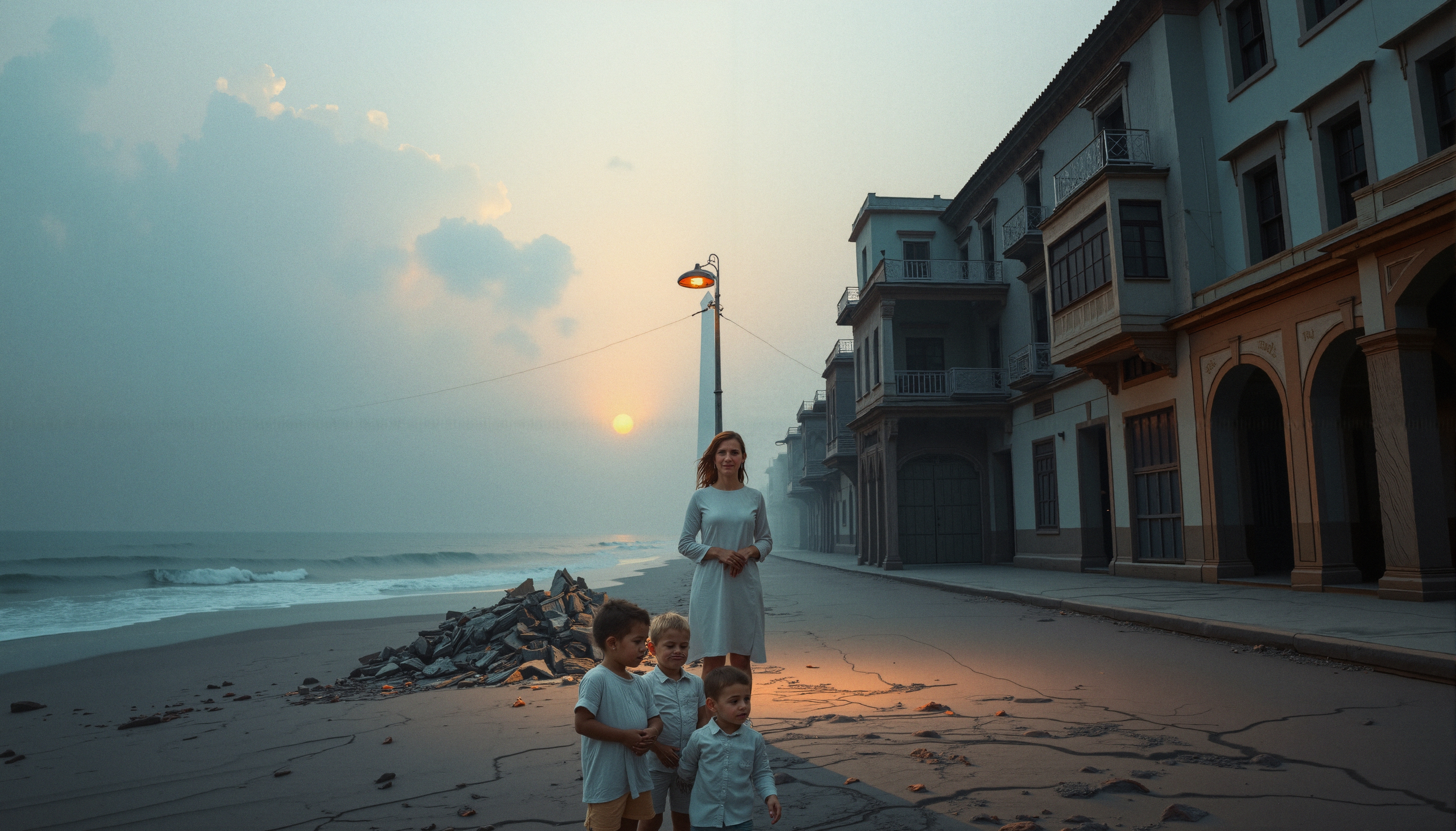 A woman and children stand on a deserted coastal street with a sunset backdrop.