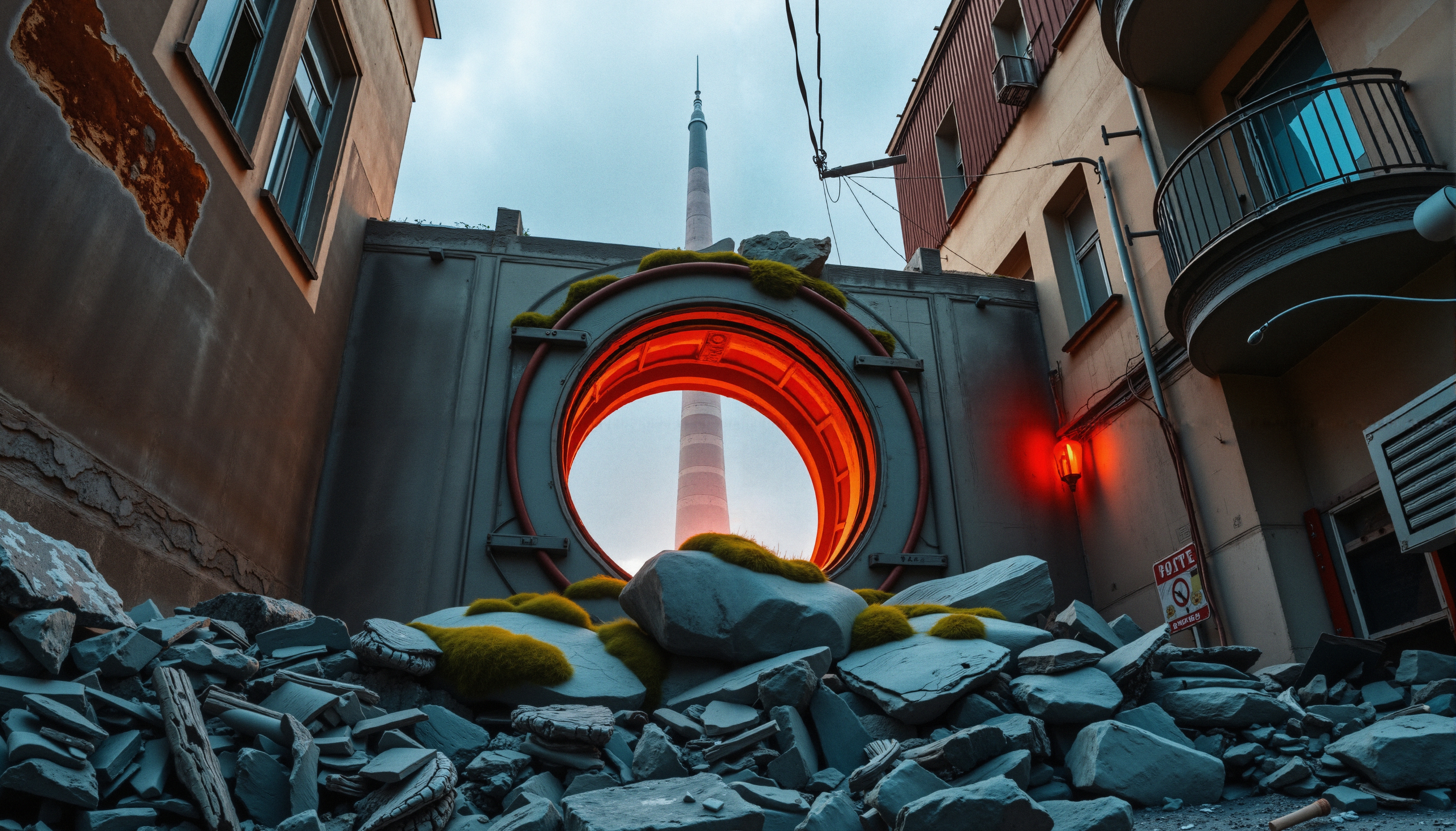 A glowing portal amidst urban rubble.