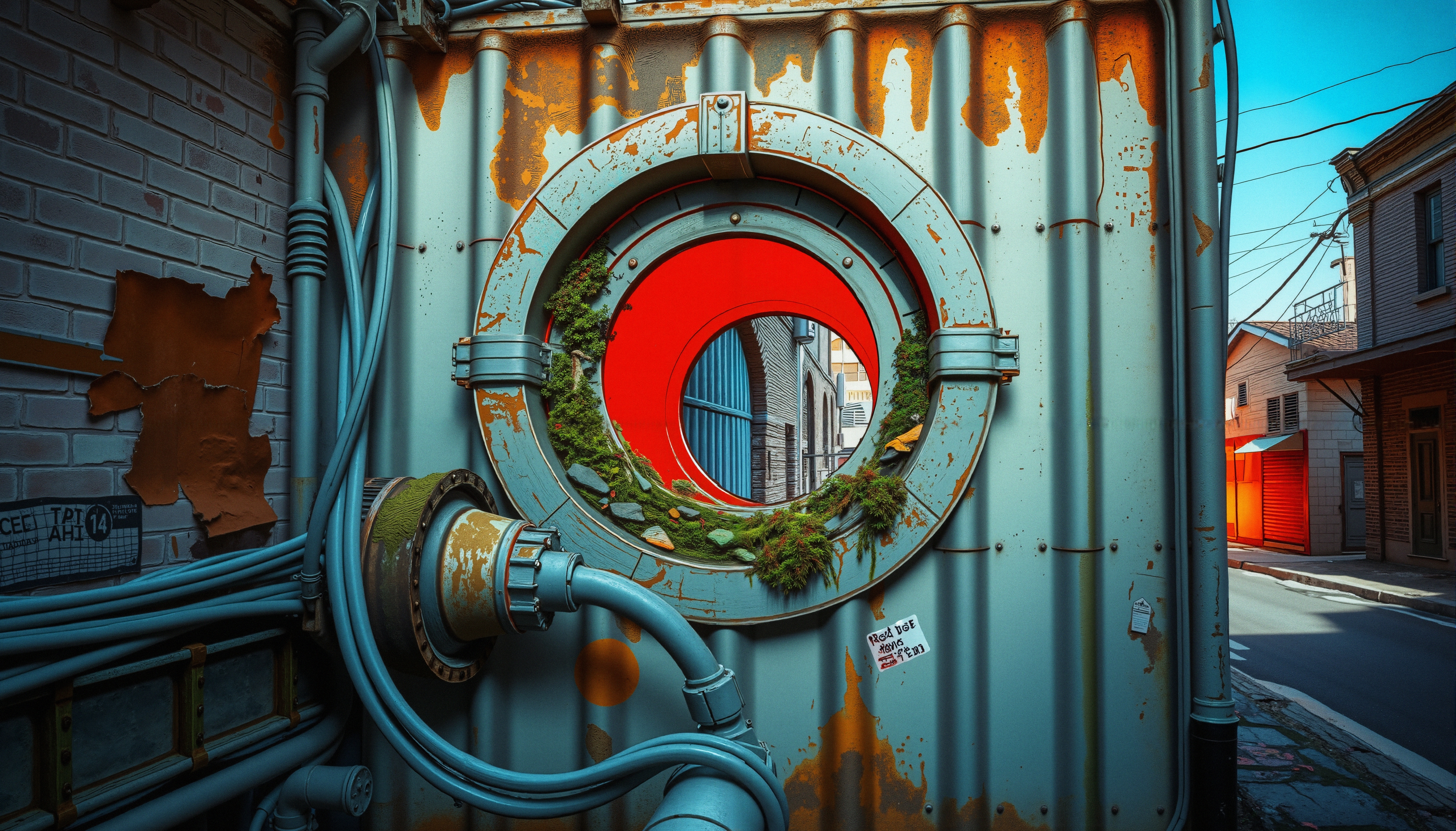 A weathered porthole reveals an urban street through a vibrant red backdrop, blending industrial decay with organic elements in a city setting.