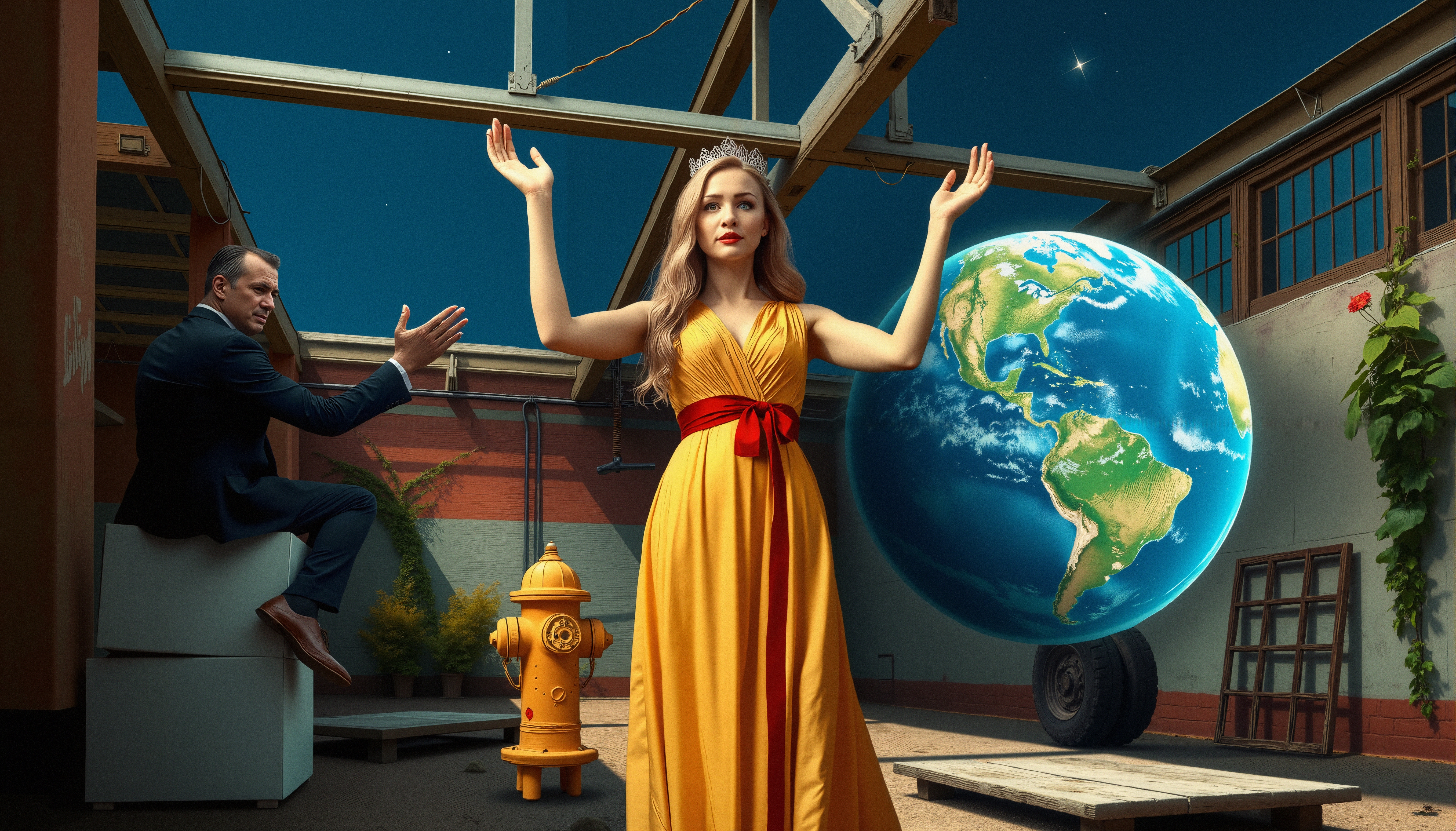 Woman in royal attire holding up hands beside giant floating Earth globe amid industrial rooftop setting