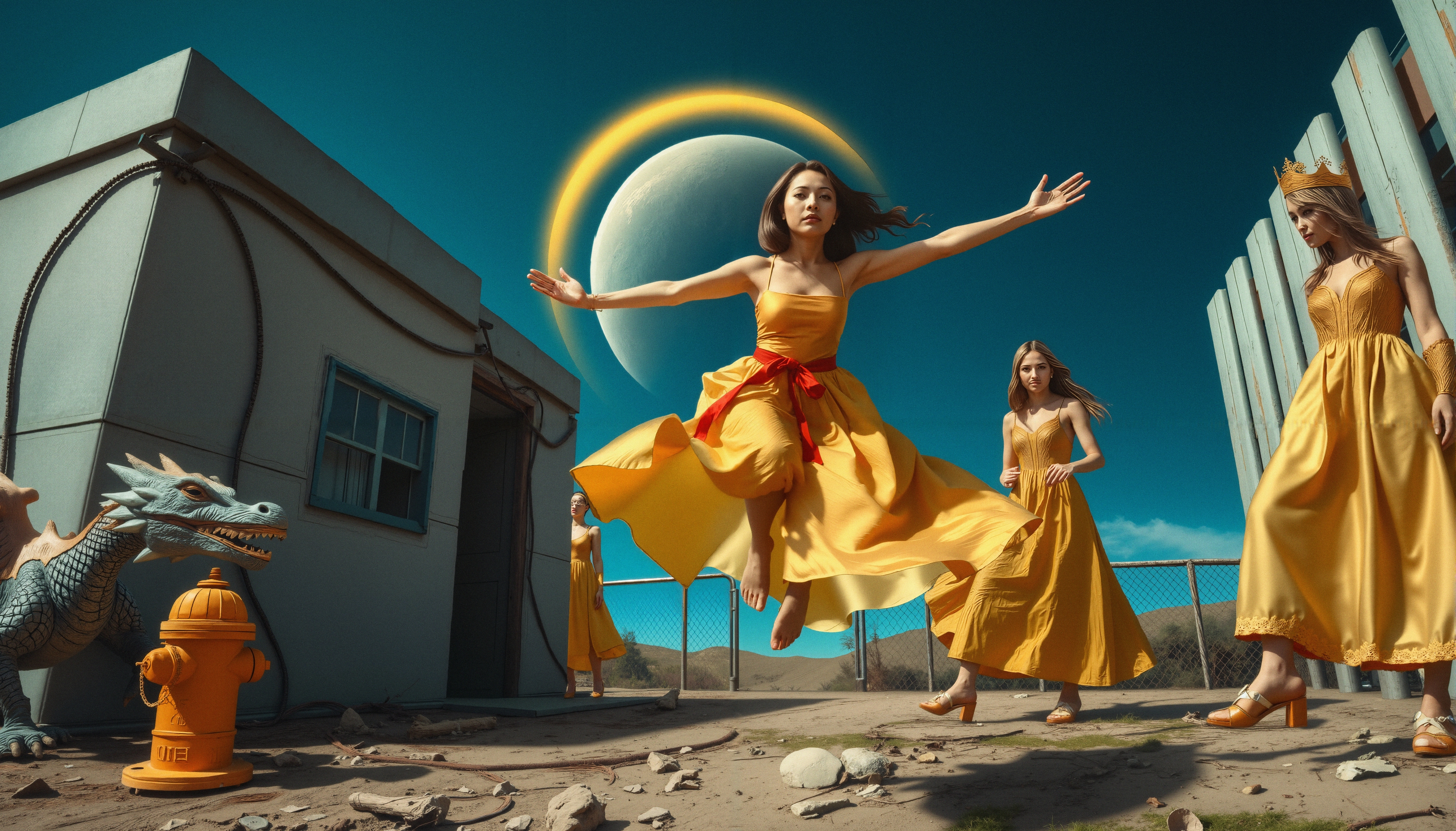 Women in yellow dresses in a surreal urban fantasy setting with a large moon and dragon statue.