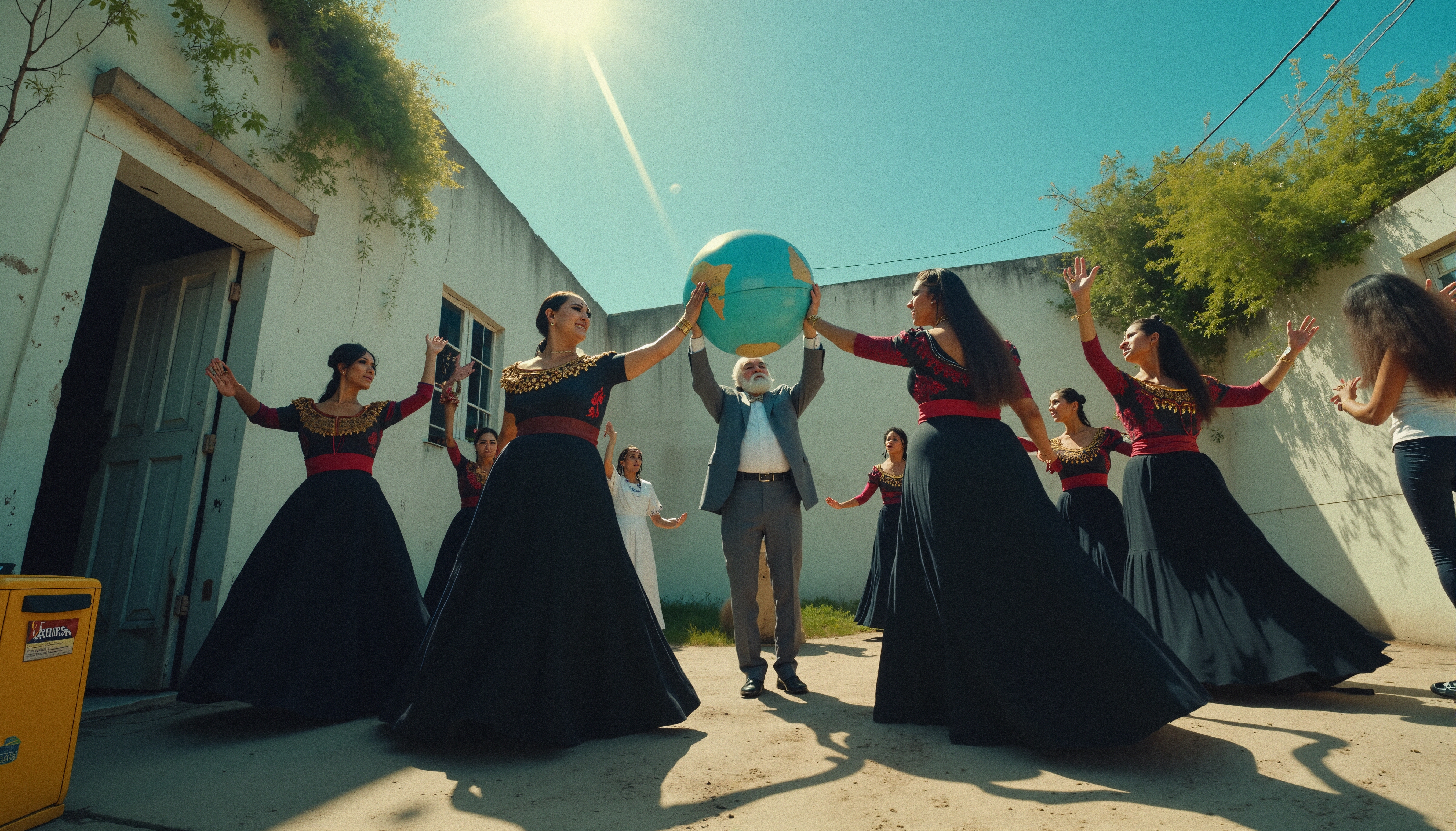 A group of dancers in traditional attire celebrate under the bright sky with a giant globe.