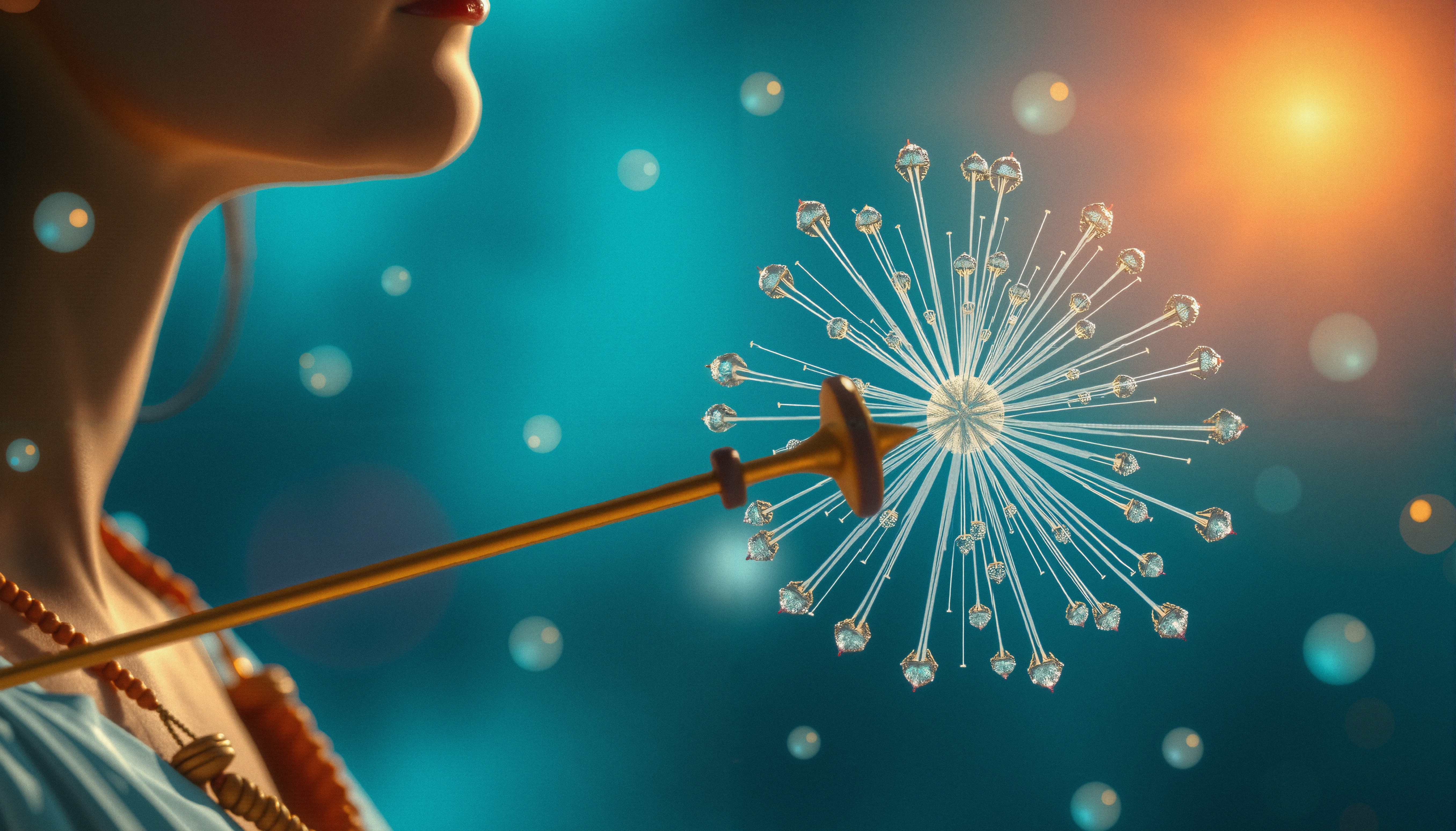 A futuristic scene of a person with a crystalline dandelion structure on a glowing teal and amber background.