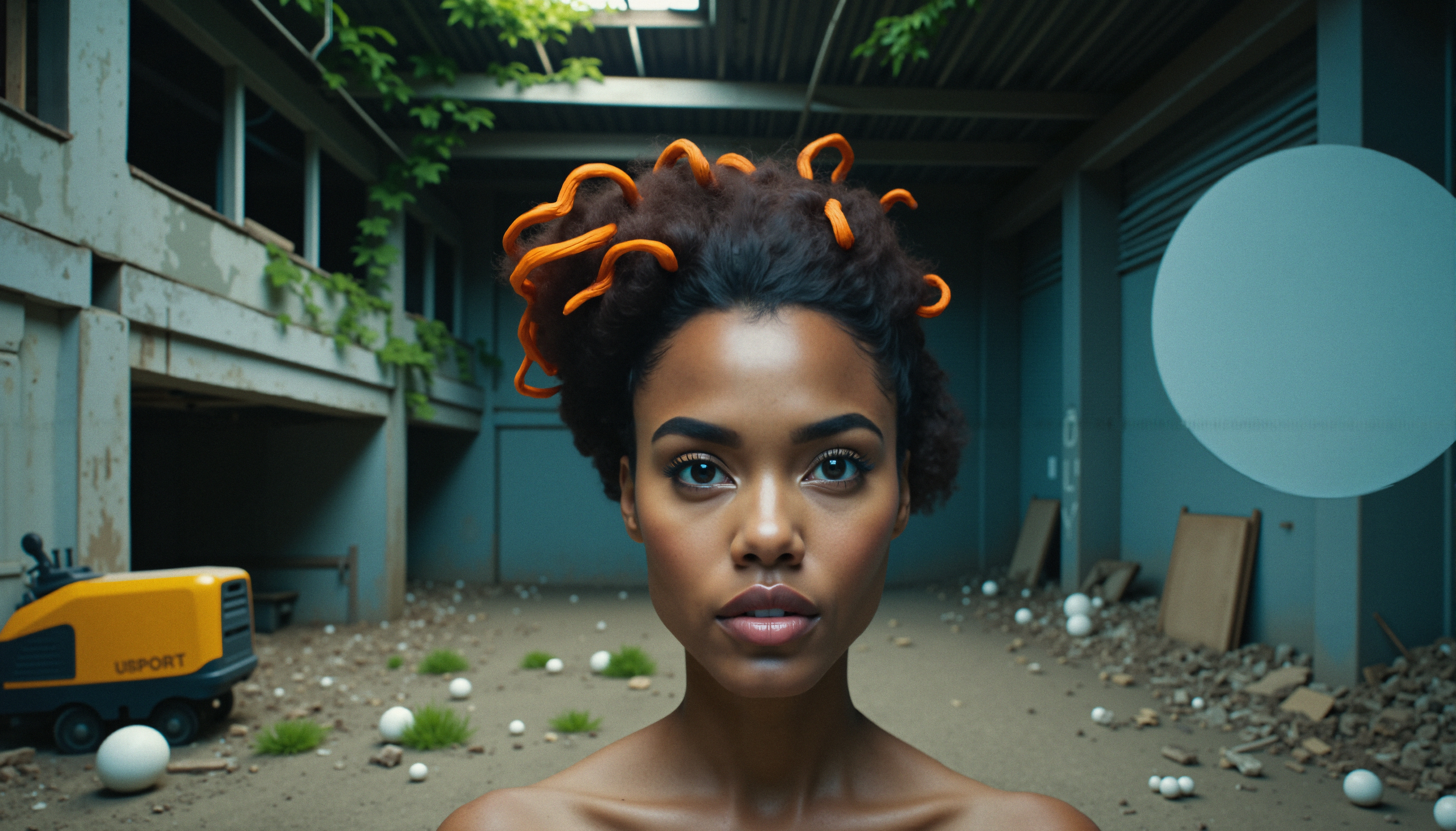 Portrait of a woman with vibrant hair in an industrial setting.