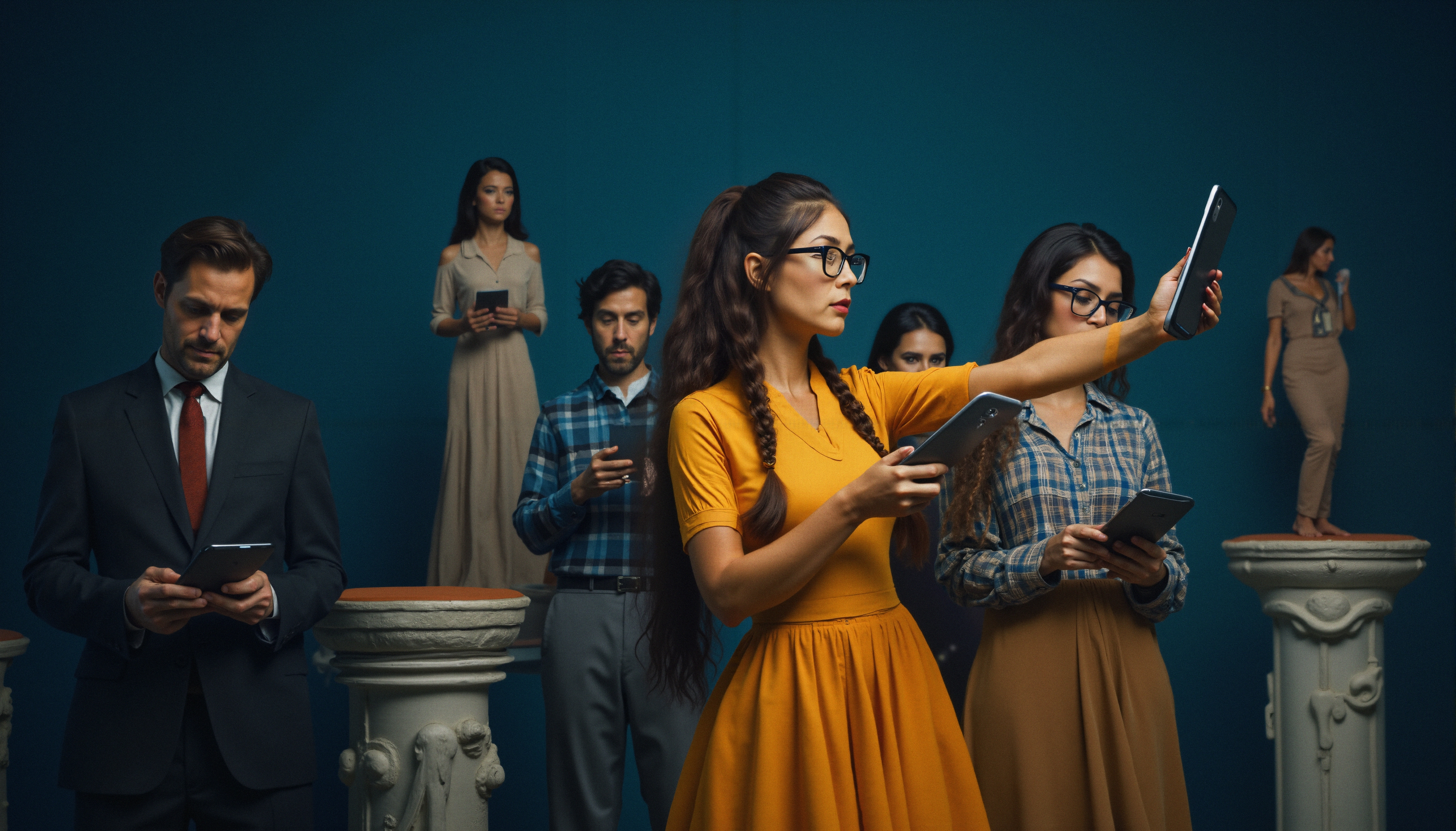 A group of people absorbed in their devices, standing in front of a teal background.