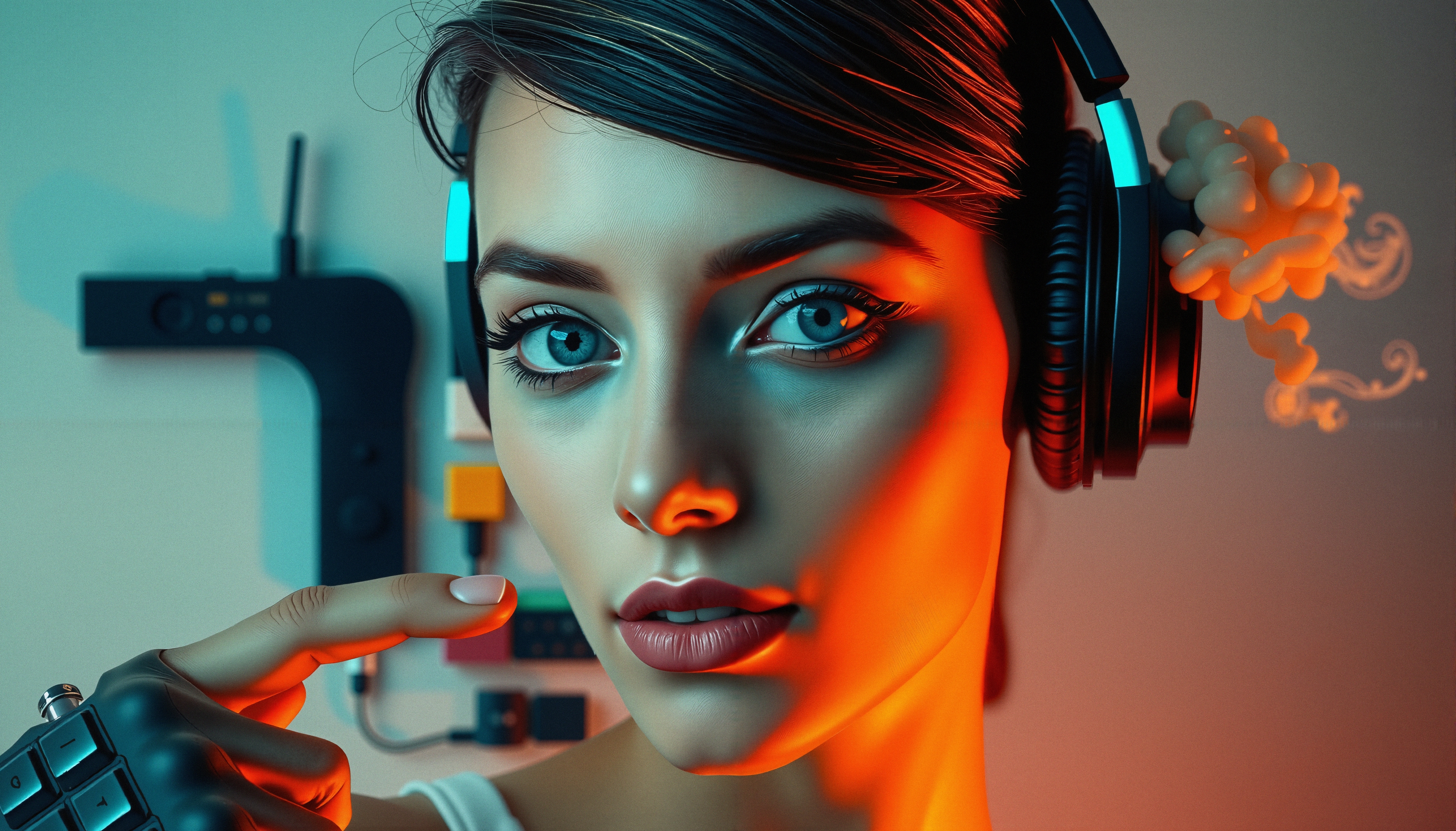 A futuristic woman wearing headphones with surreal elements in a tech-inspired setting.
