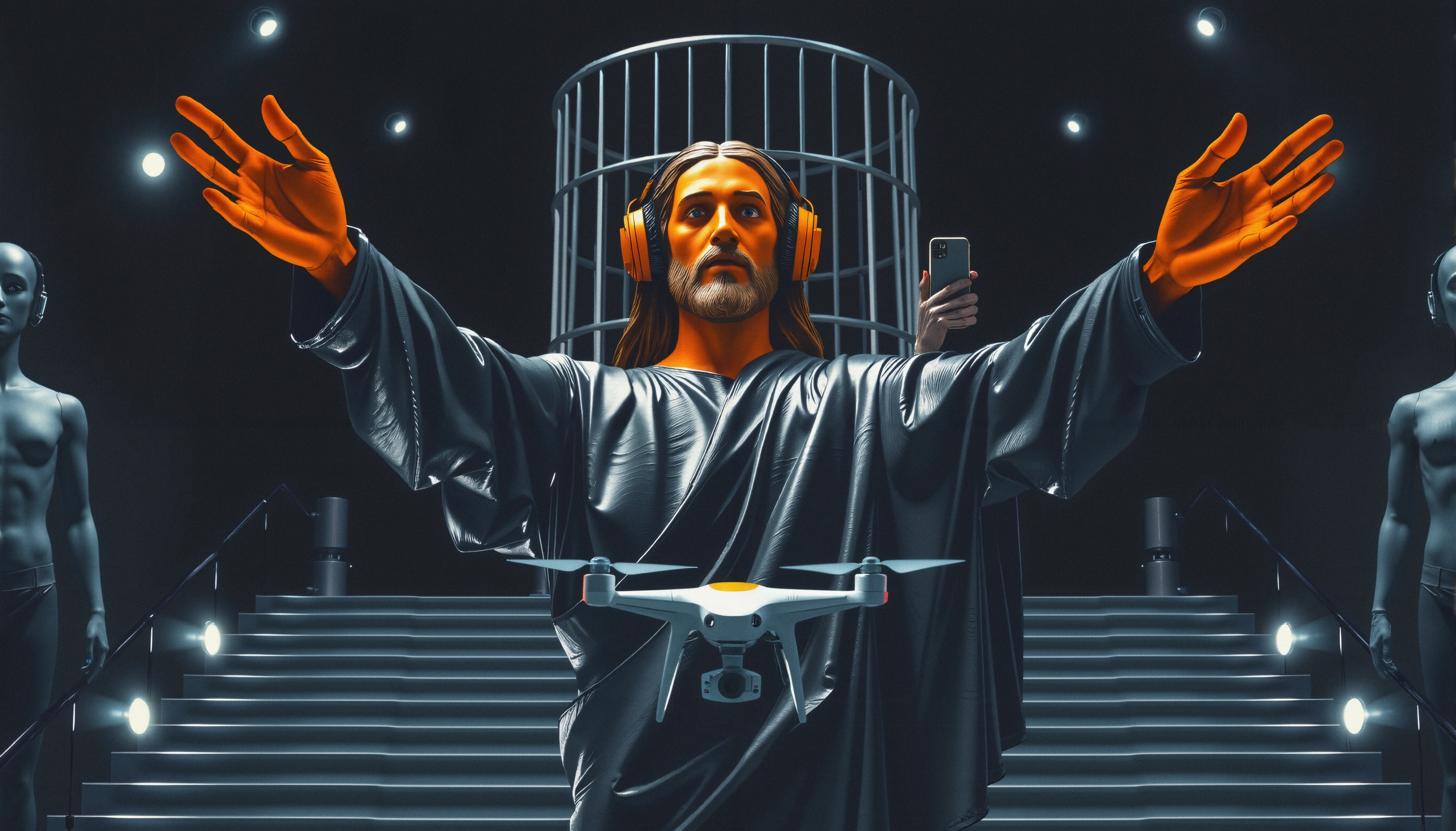 A robed figure with orange headphones and a drone.