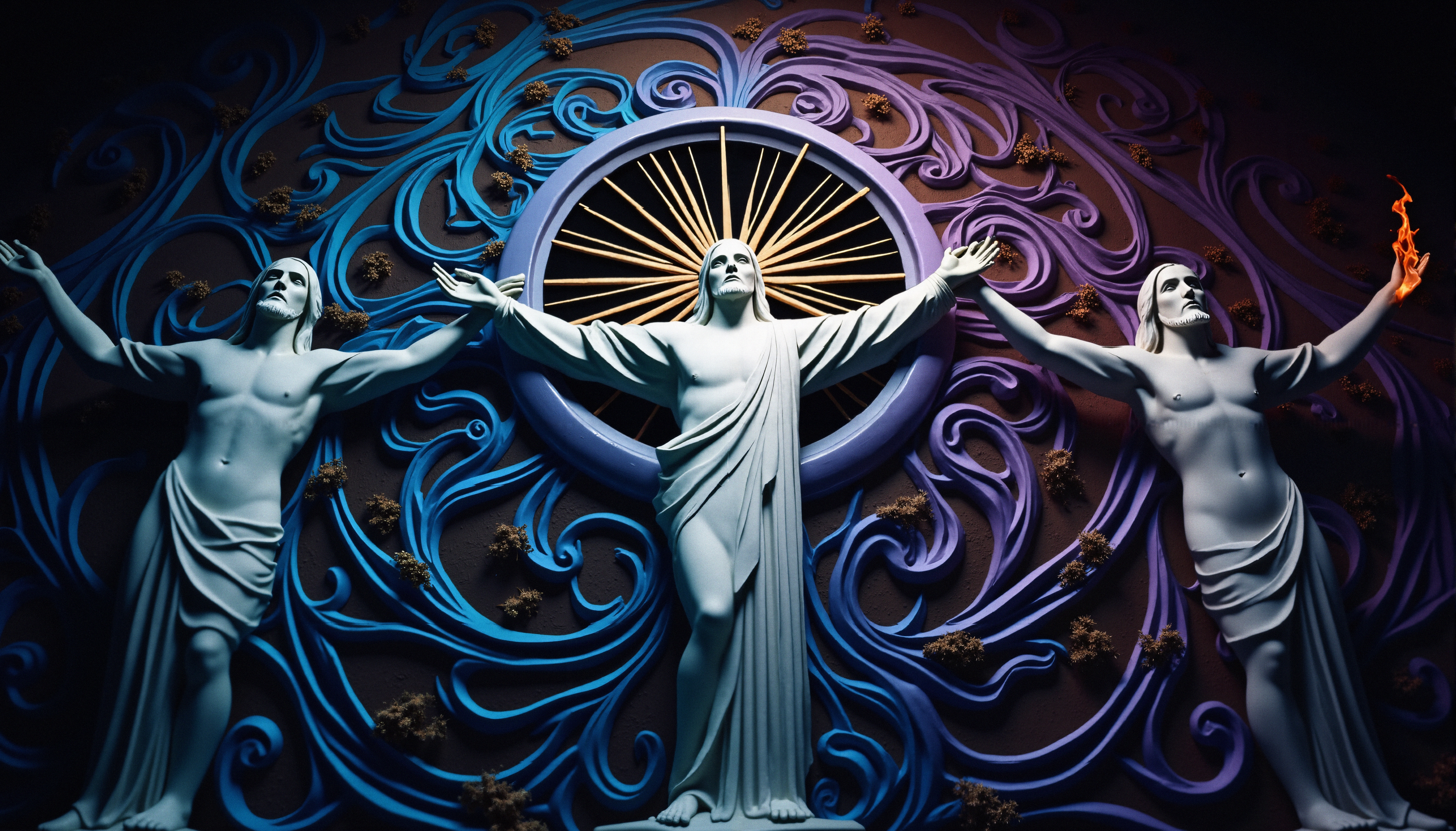 Triune Religious Statues with Radiant Sunburst and Blue-Purple S