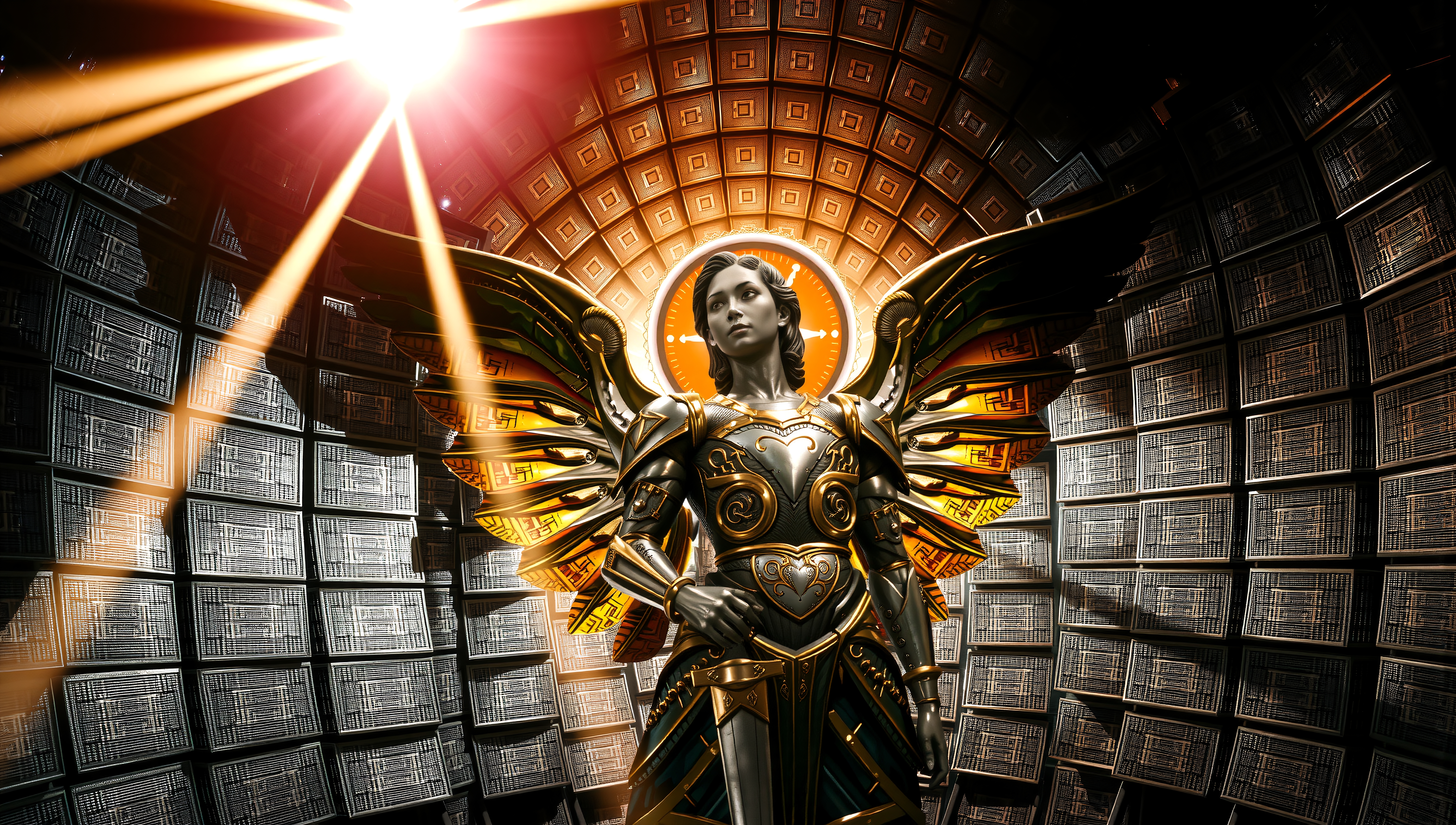 Golden armored angel guarding ancient library with winged silhouette against radiant light beams