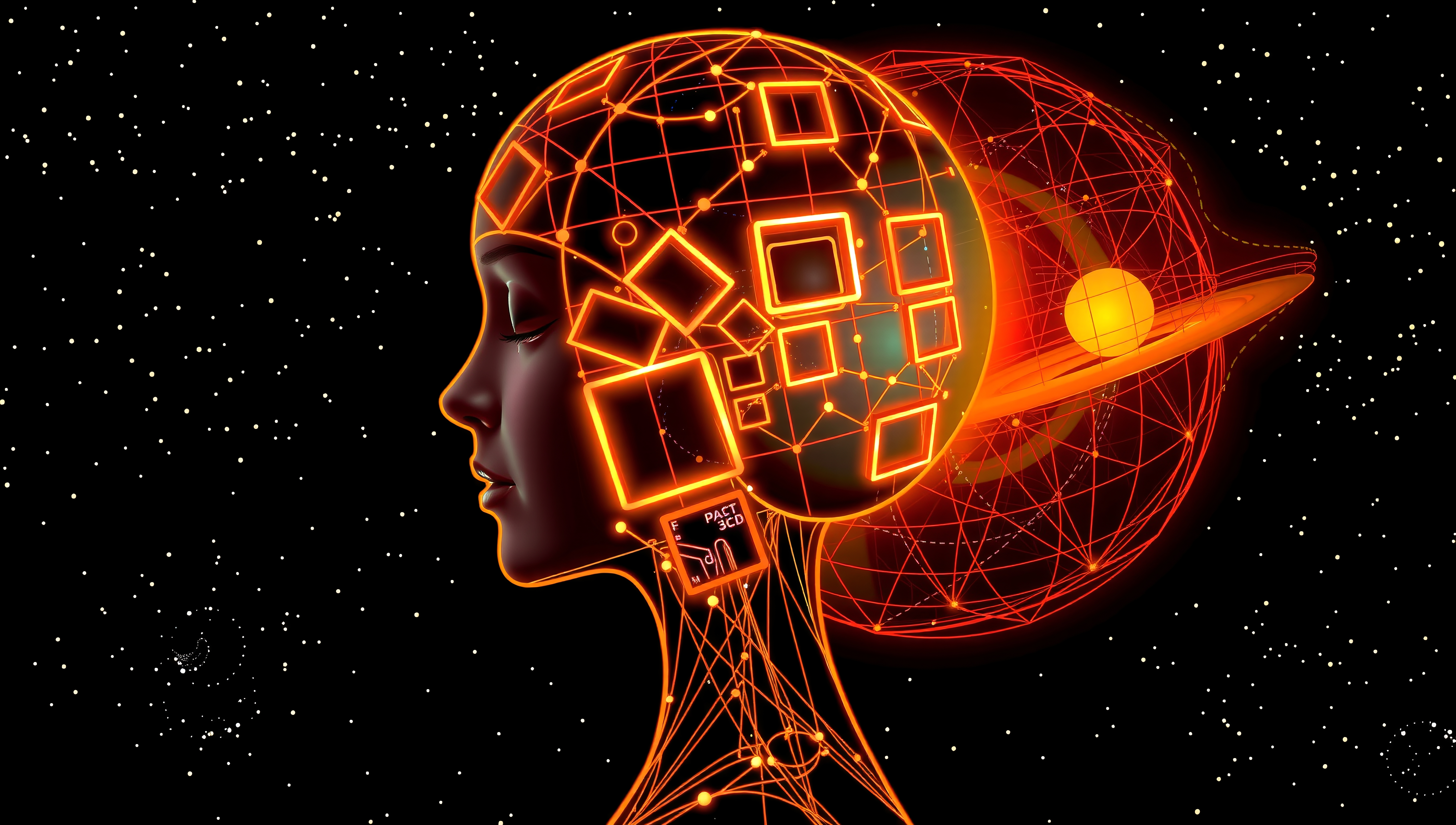 Futuristic digital human head with geometric shapes and glowing lines against a starry space background.