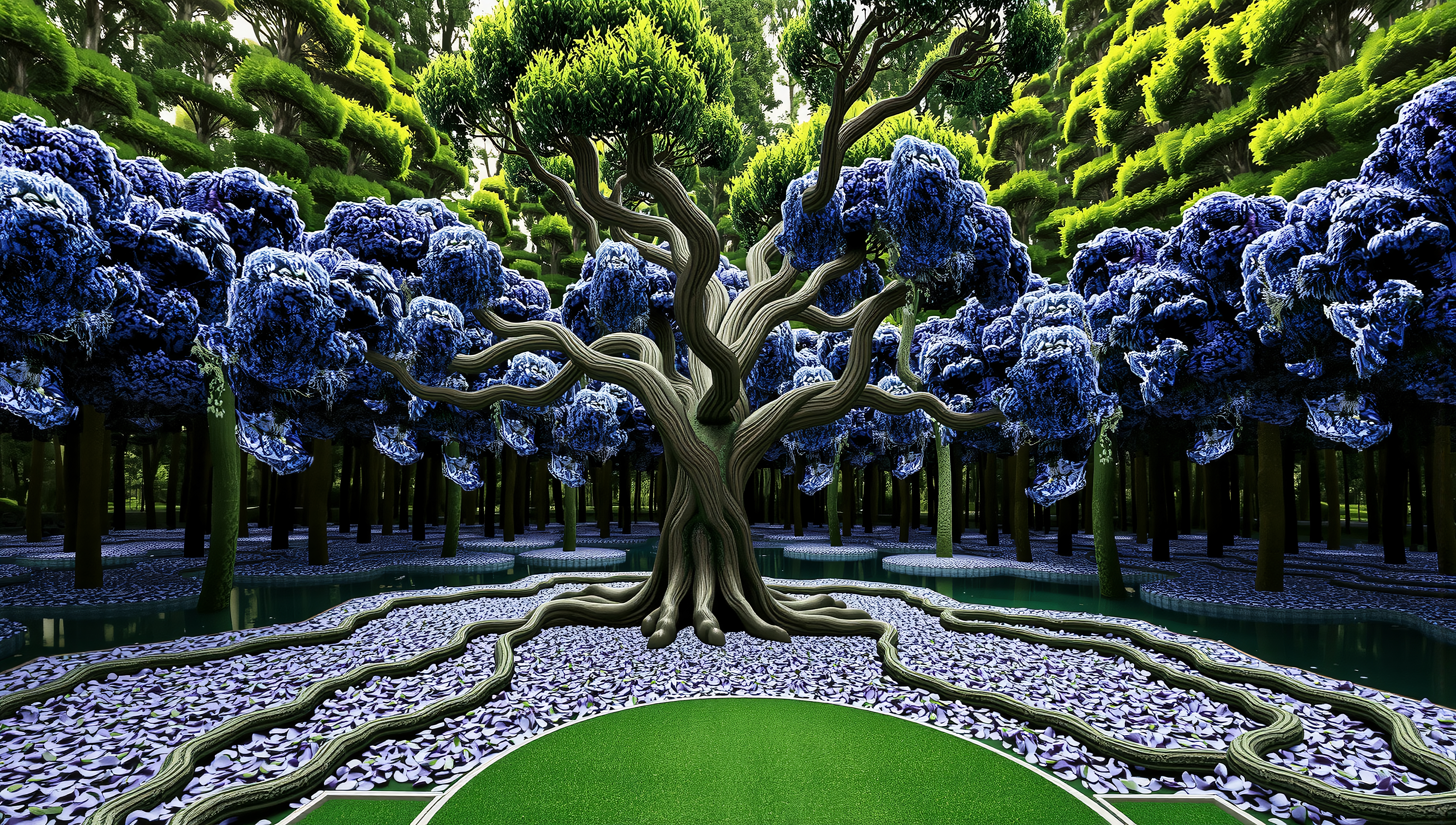 A striking surreal tree in an artistic blue and green garden landscape.