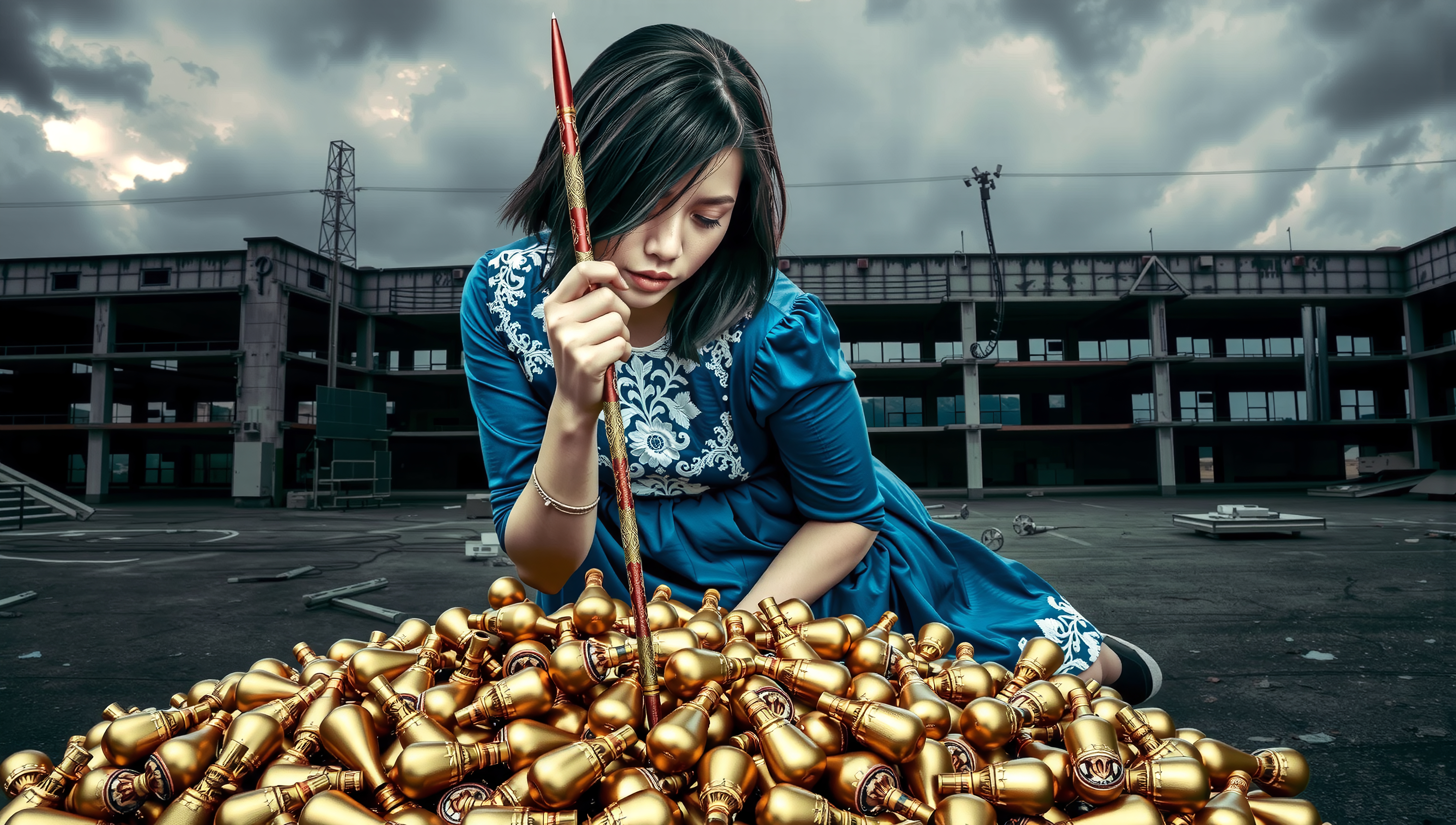 Woman with Pen and Golden Chess Pieces in Industrial Yard