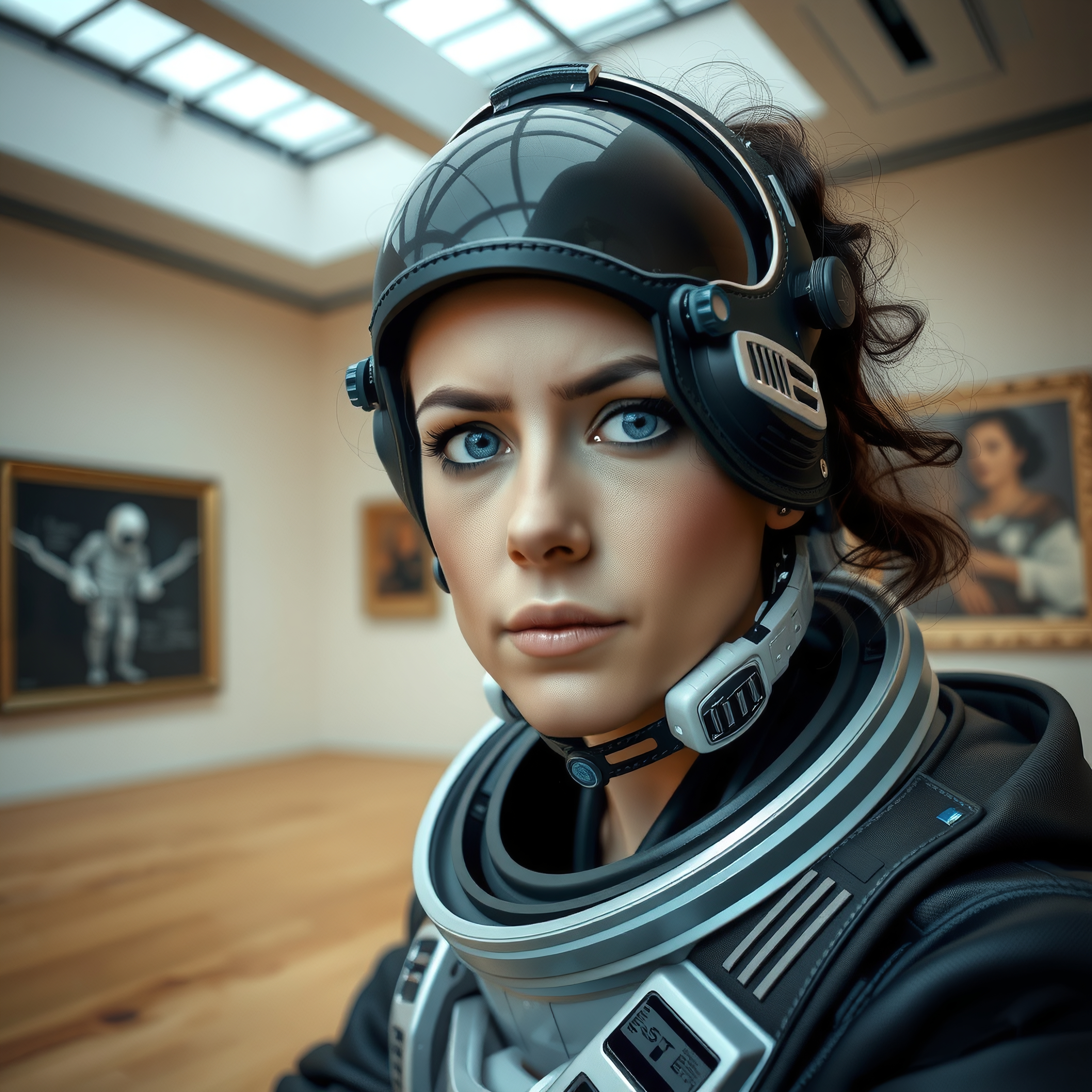 Woman in futuristic astronaut suit in art gallery.