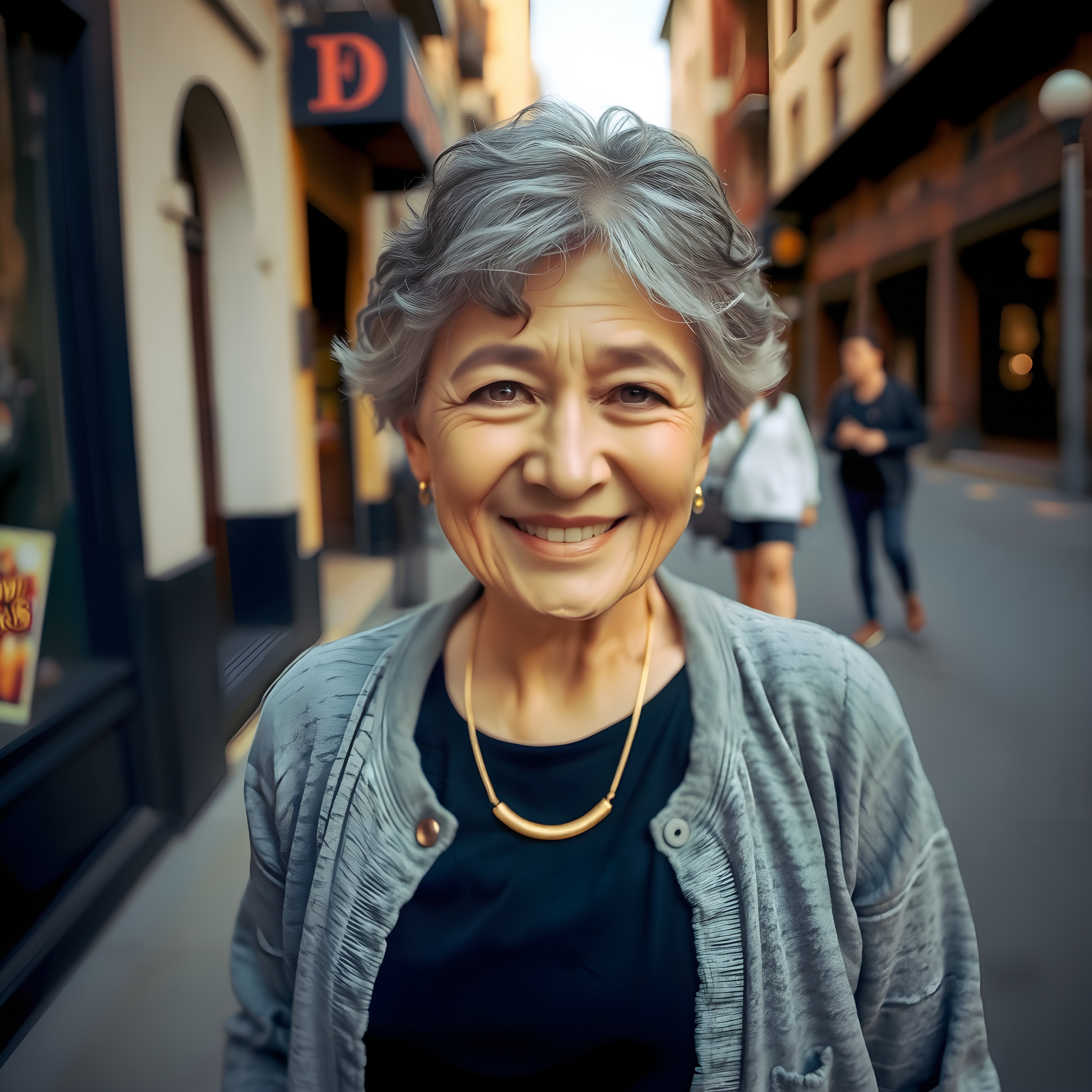 Portrait of a smiling elderly woman in a city street setting, showcasing urban architecture and a friendly atmosphere.