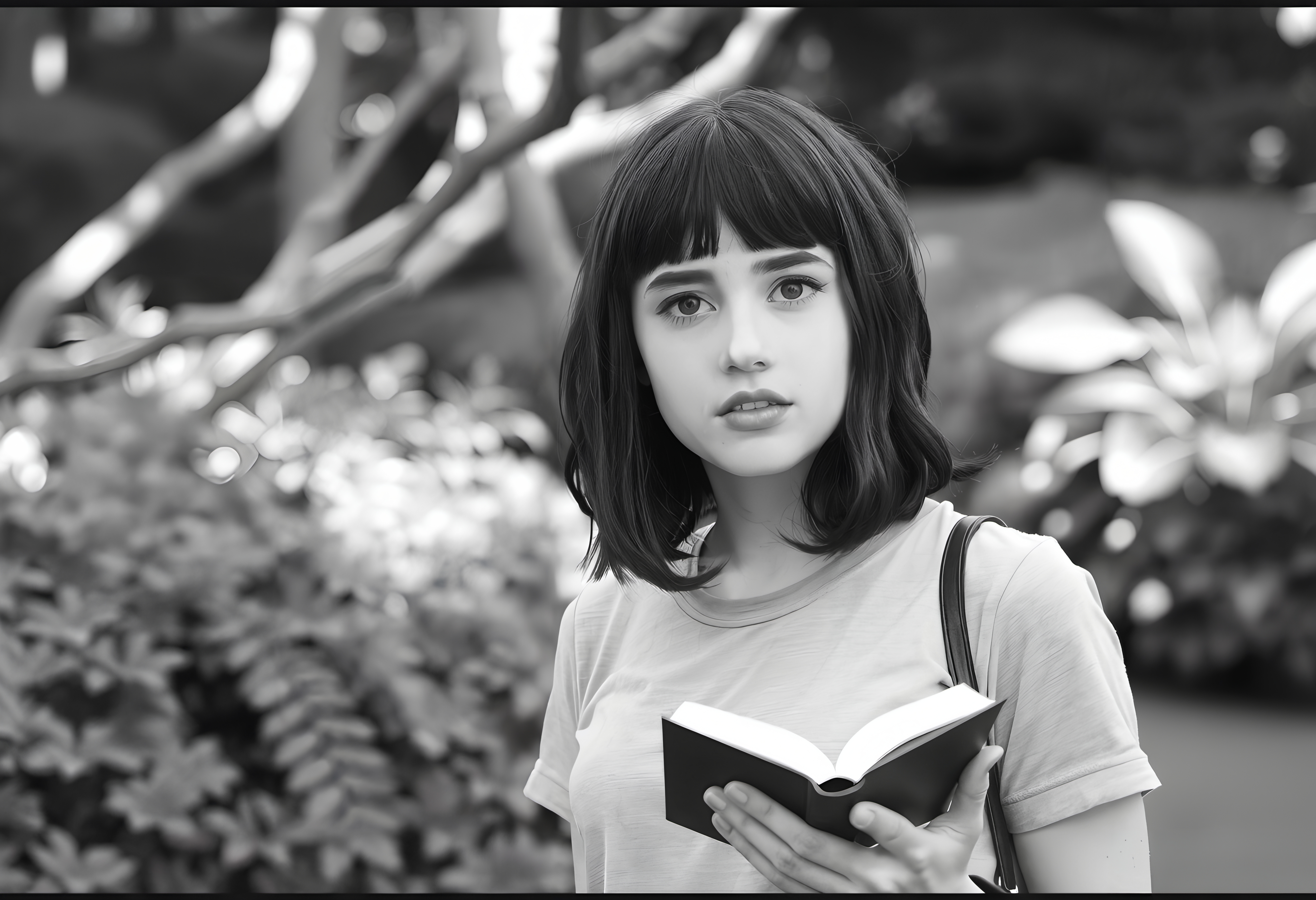 oung woman holding open book outdoors under natural lighting in grayscale photo