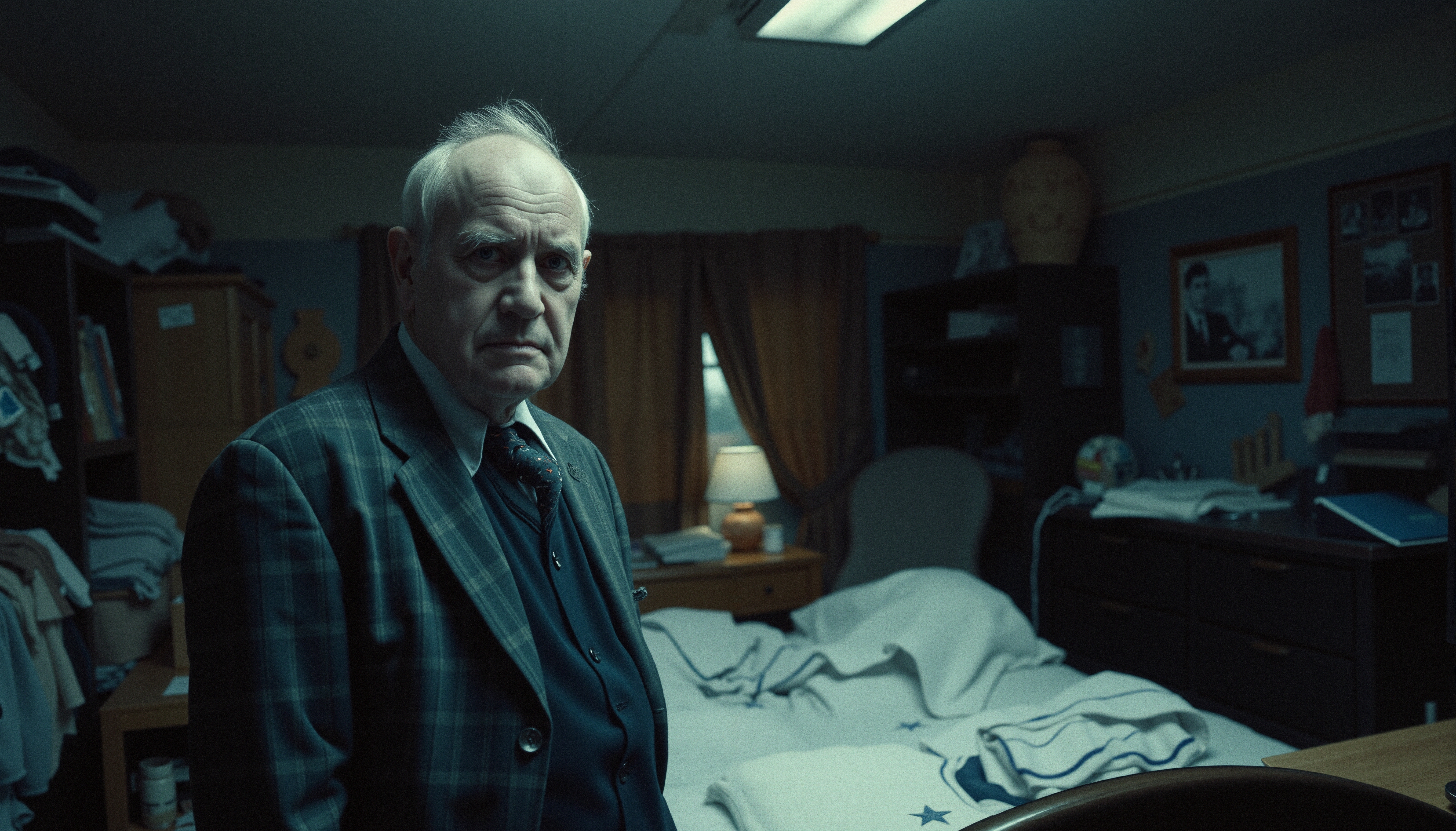 An elderly man in a dimly lit vintage bedroom, exuding nostalgia and contemplation.