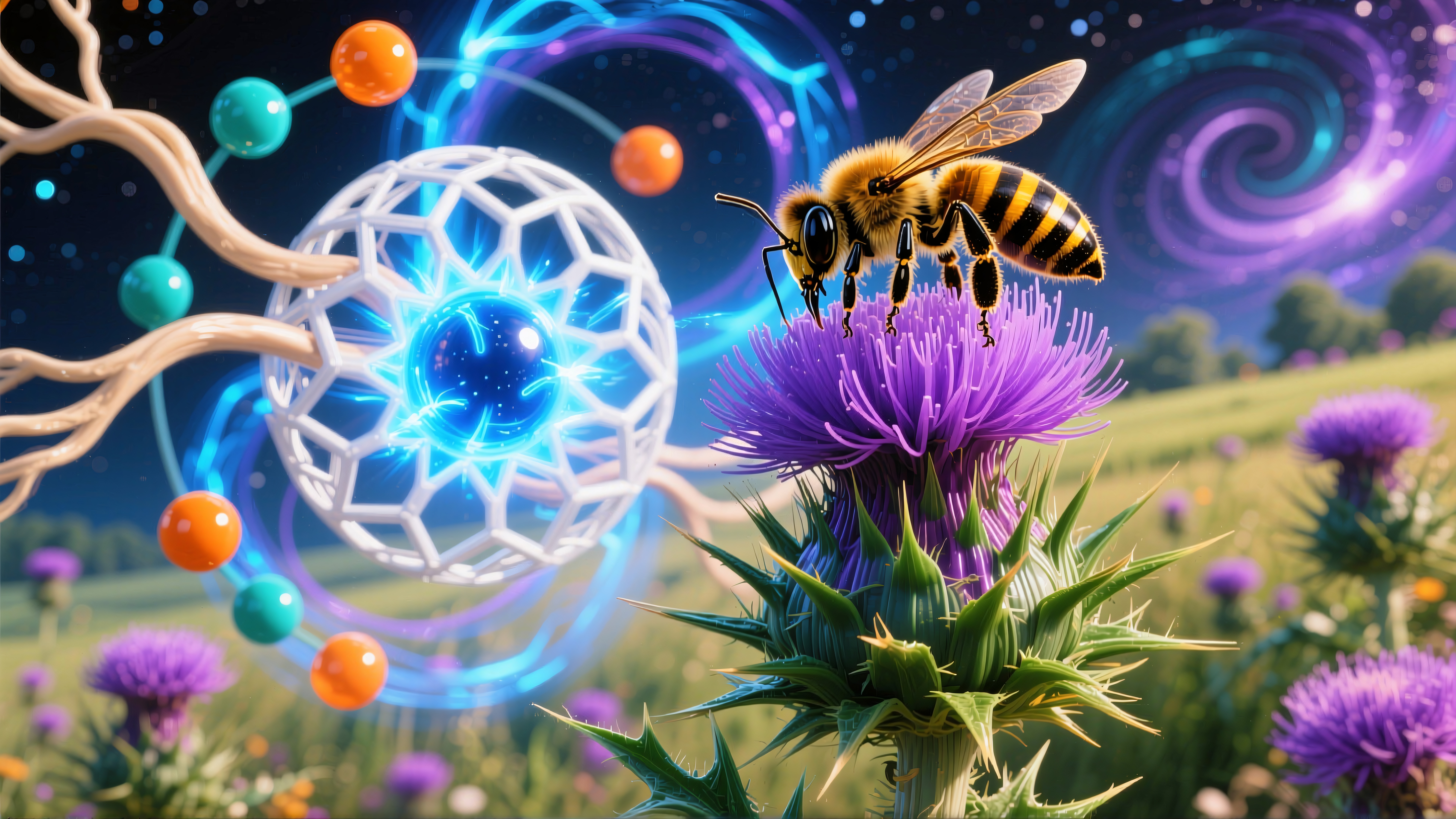 A surreal image of a bee on a purple thistle with a cosmic background.