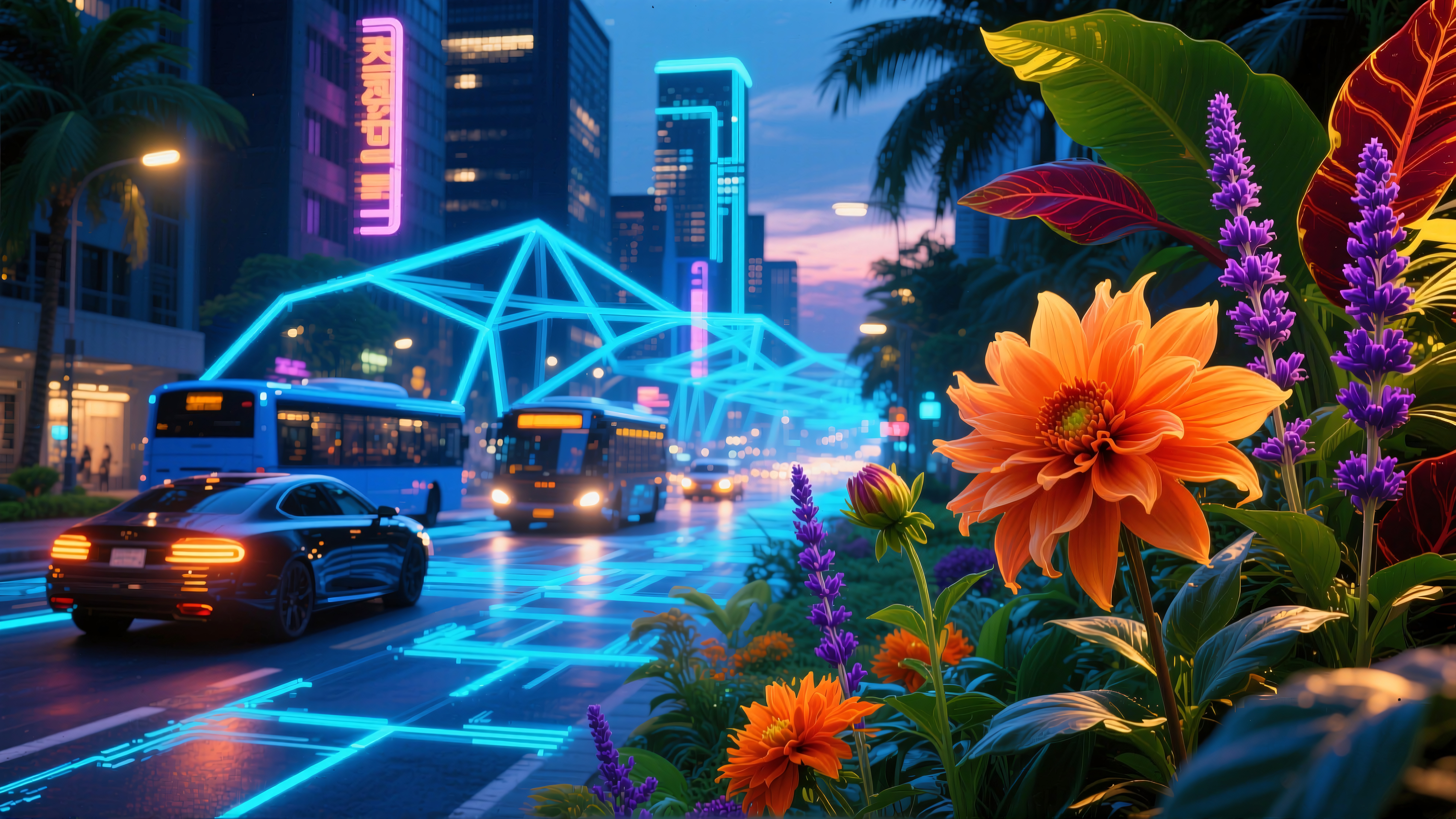 A futuristic city street at night with neon lights and vibrant flowers.