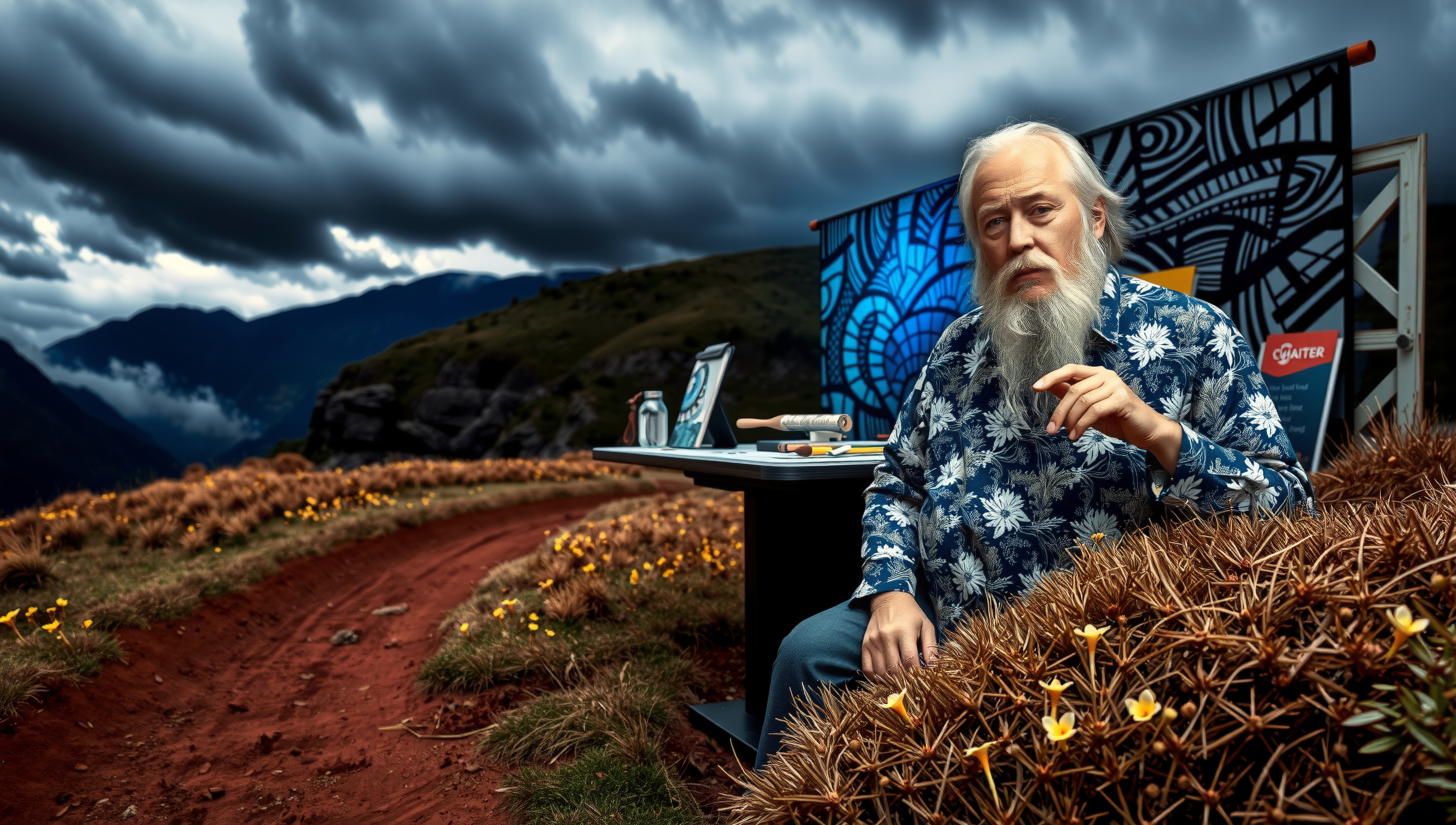 Elderly painter creating art amidst dramatic mountain scenery during stormy weather