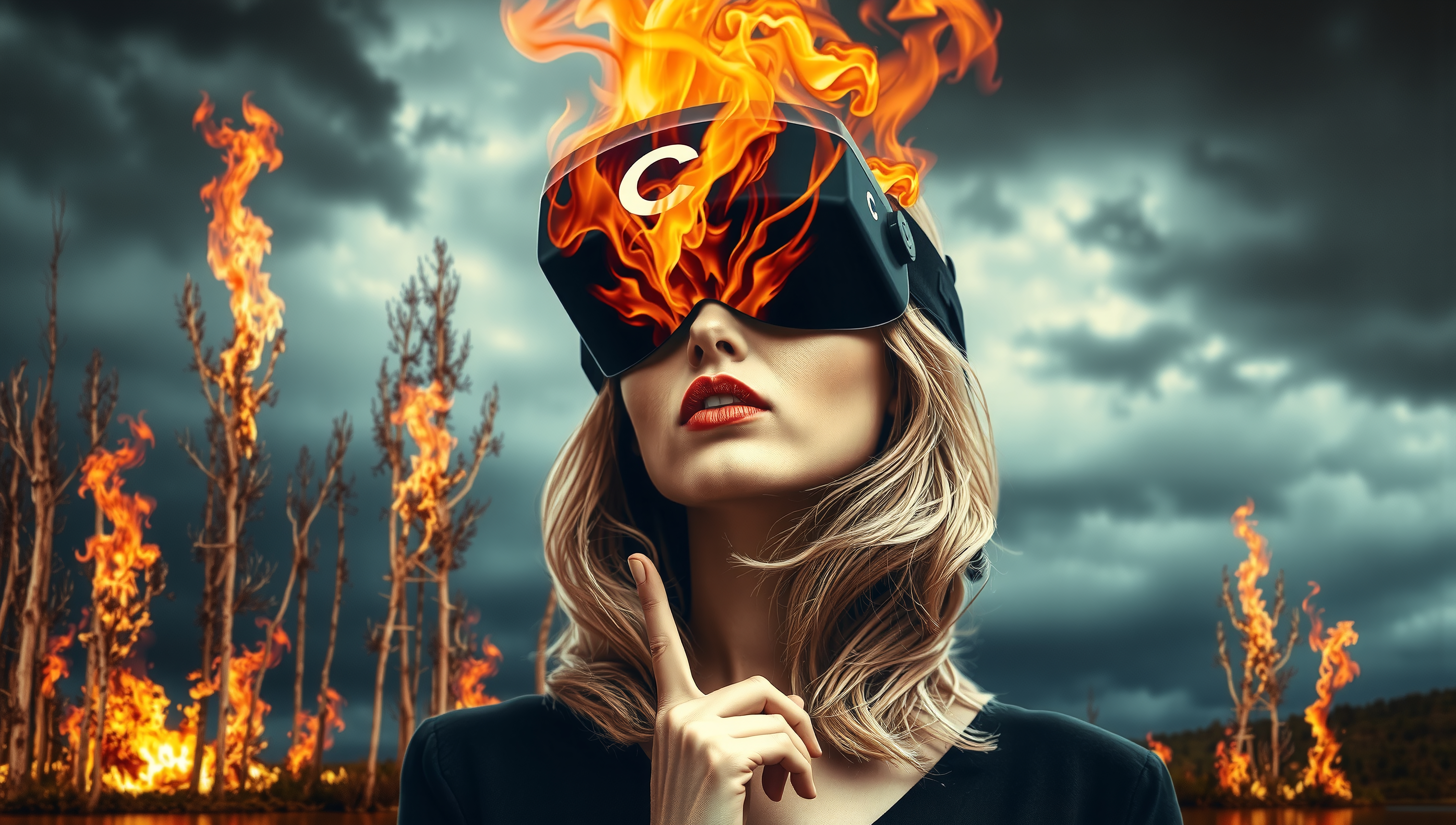 A woman in VR headset surrounded by virtual flames and a burning forest background.