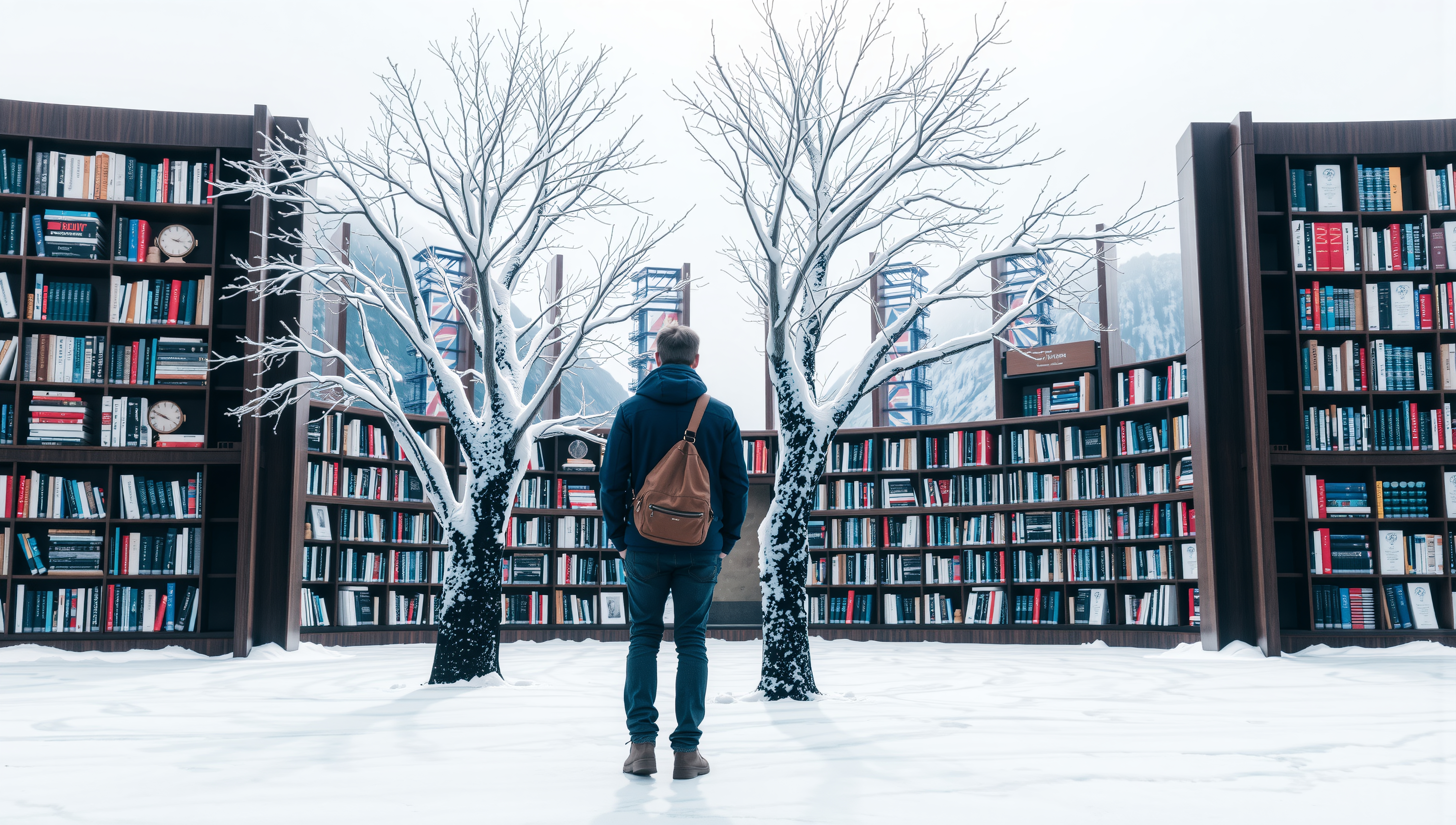 A person stands before snow-dusted library bookshelves in a serene winter landscape.