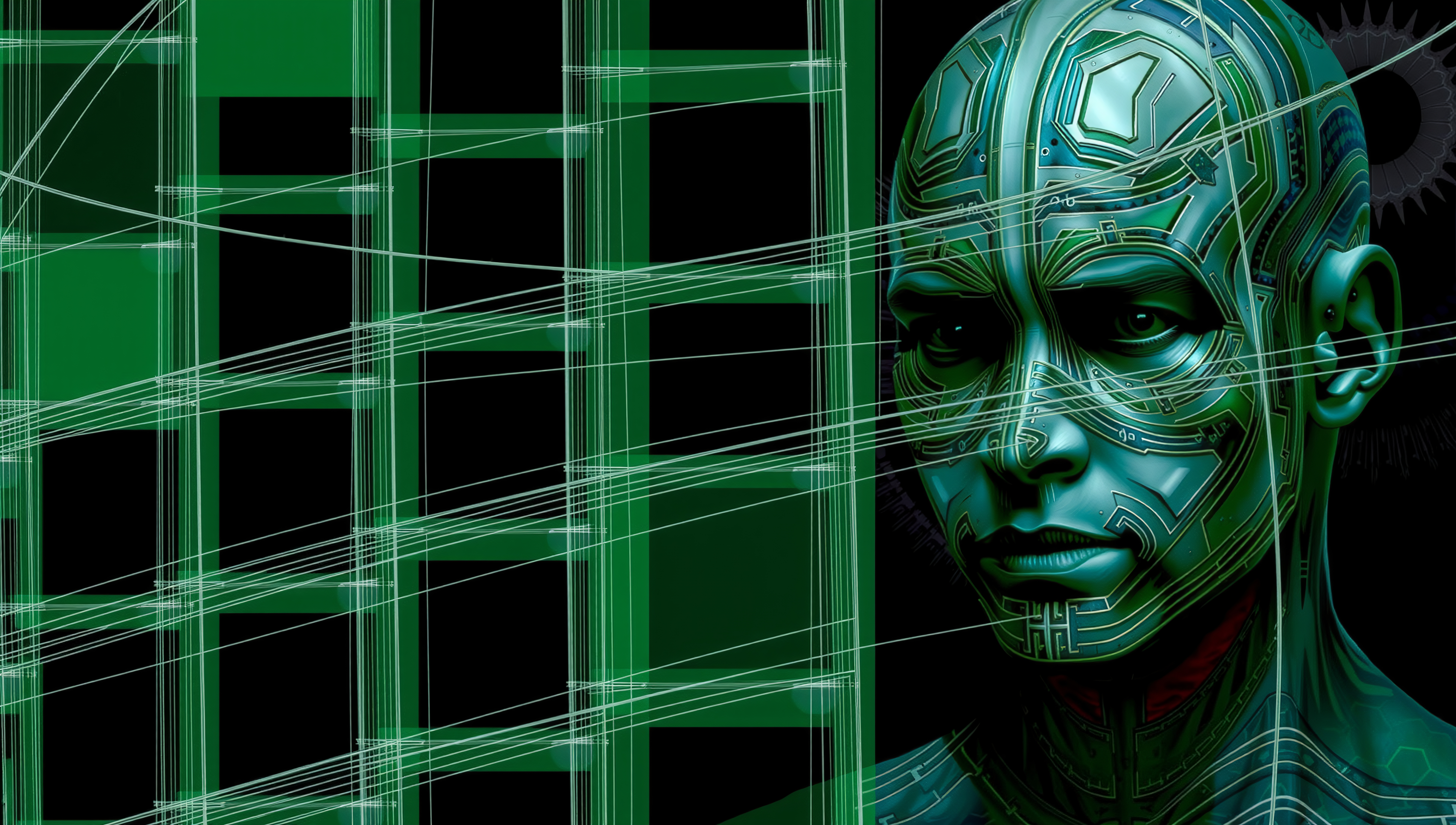 Futuristic humanoid with circuit patterns on face.