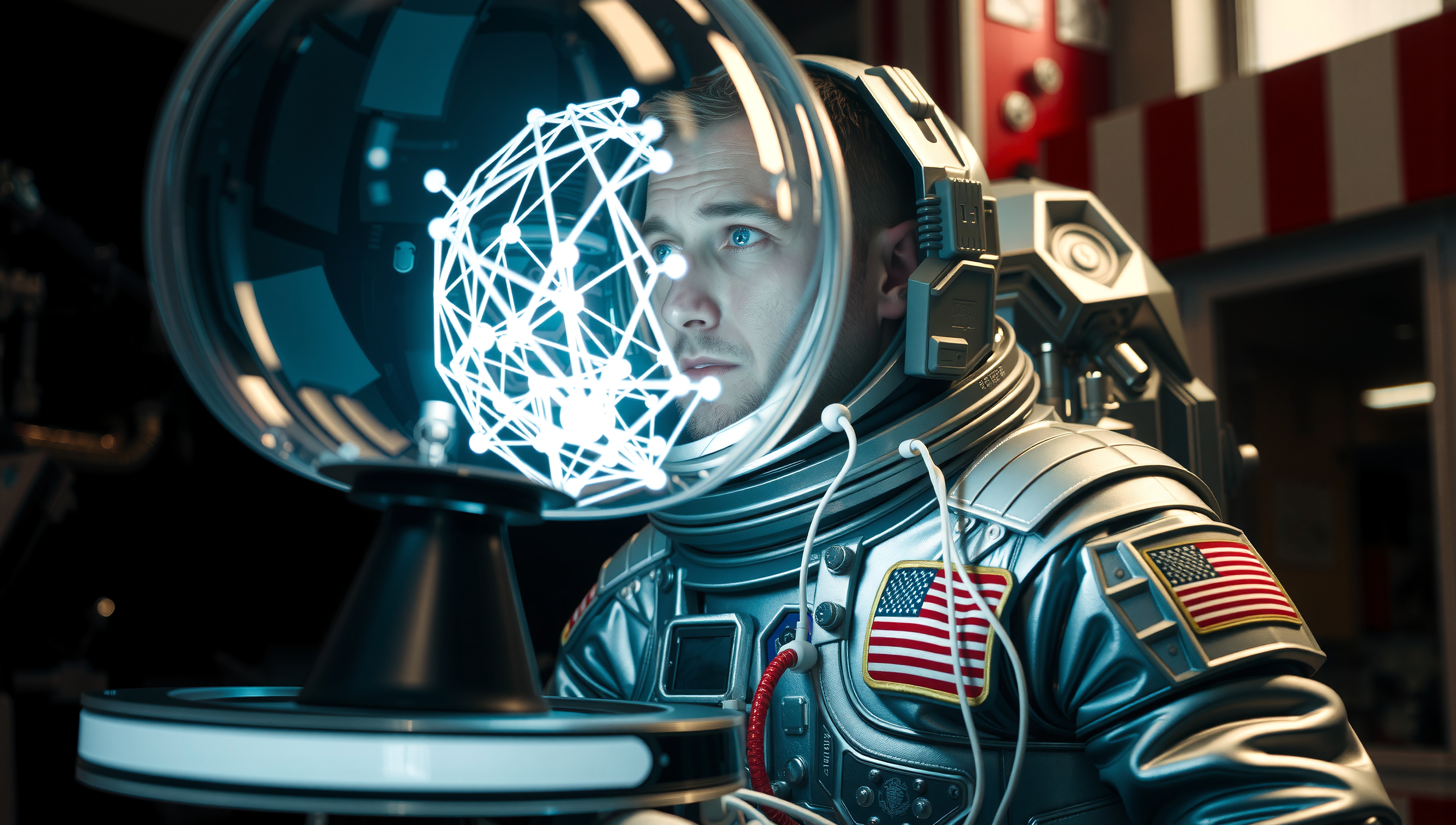 Futuristic astronaut analyzing holographic display in space suit.