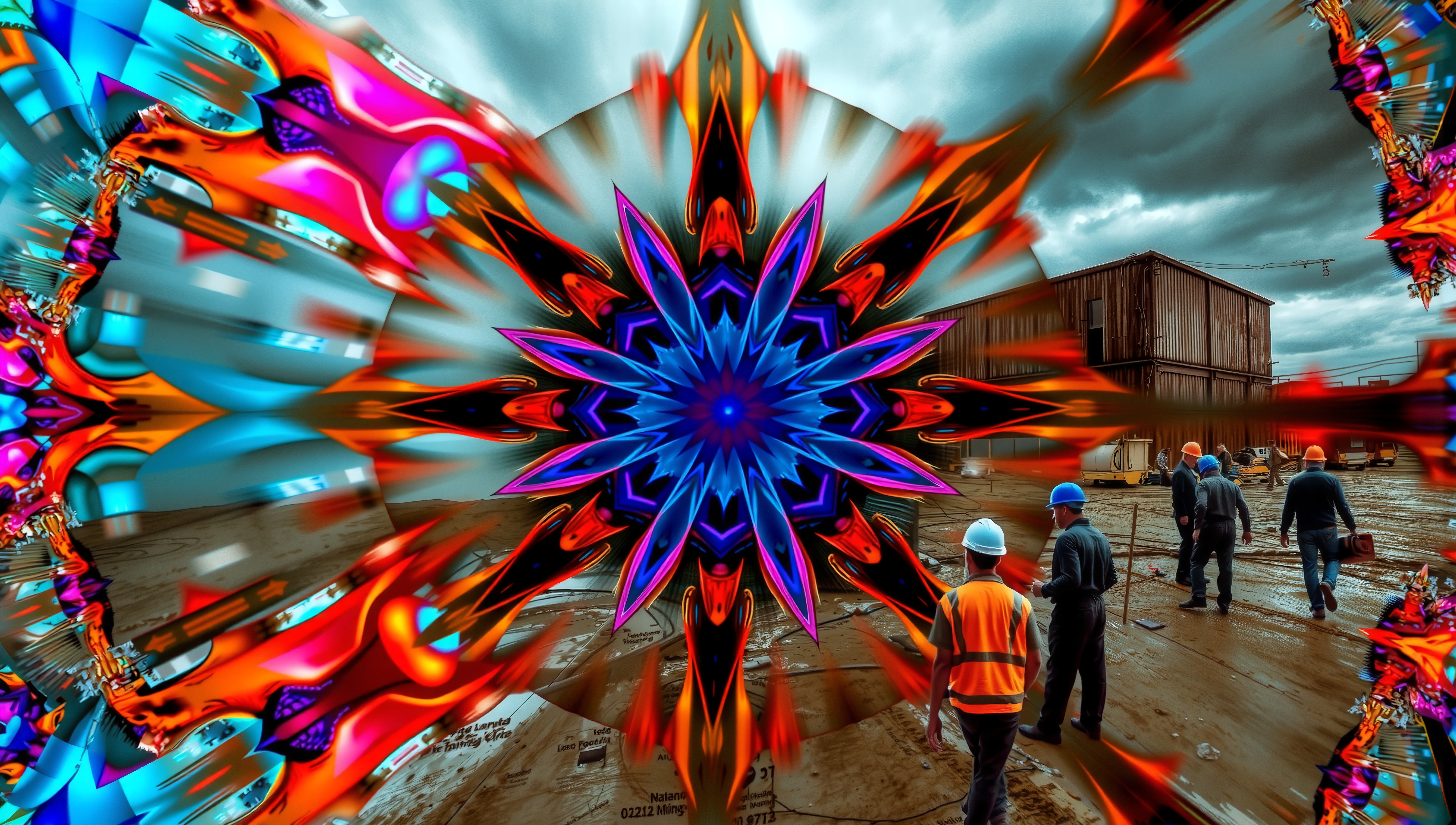Colorful kaleidoscope pattern overlays a construction site with workers.