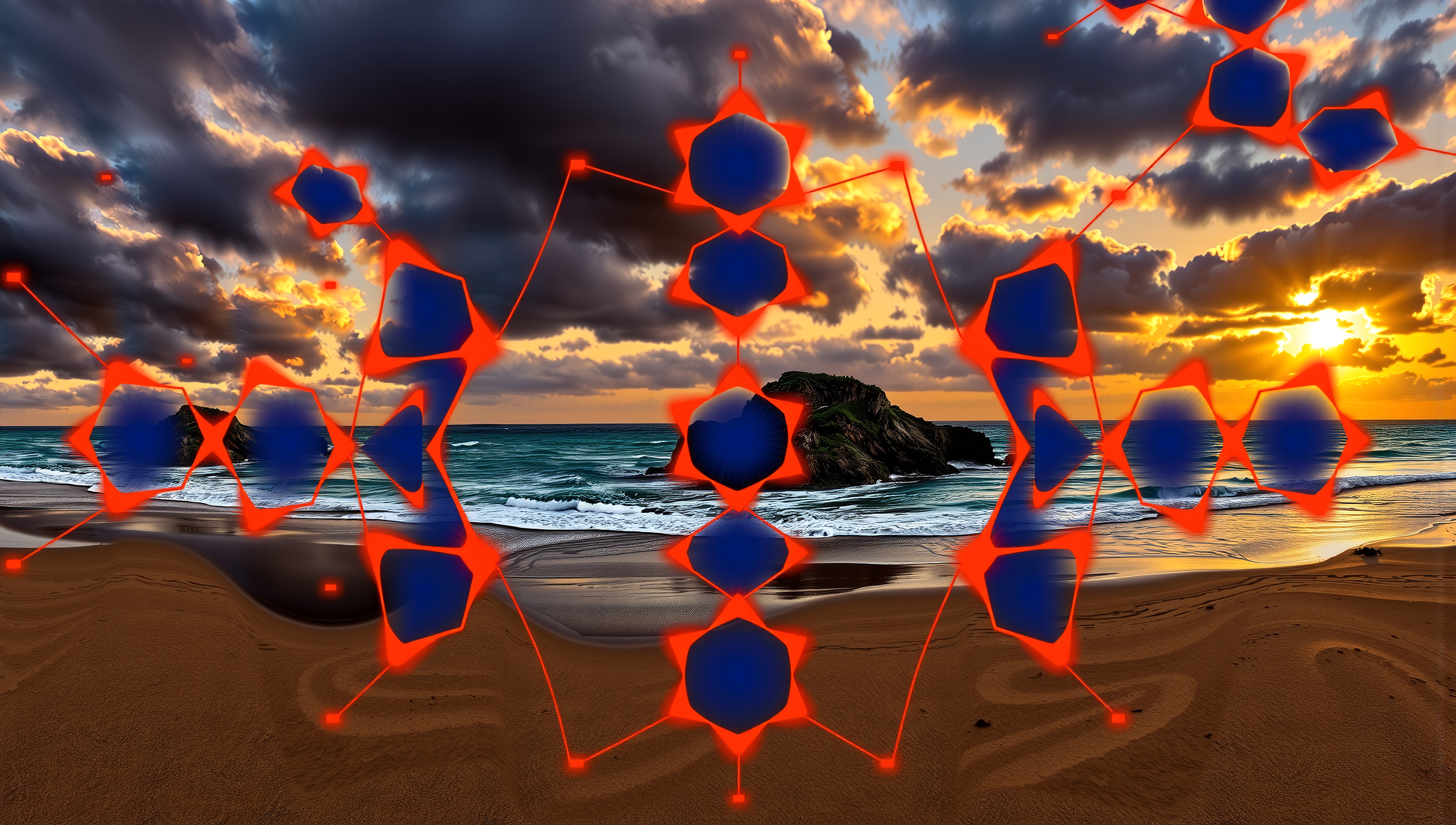 Sunset Beach With Glowing Geometric Network Overlay Art