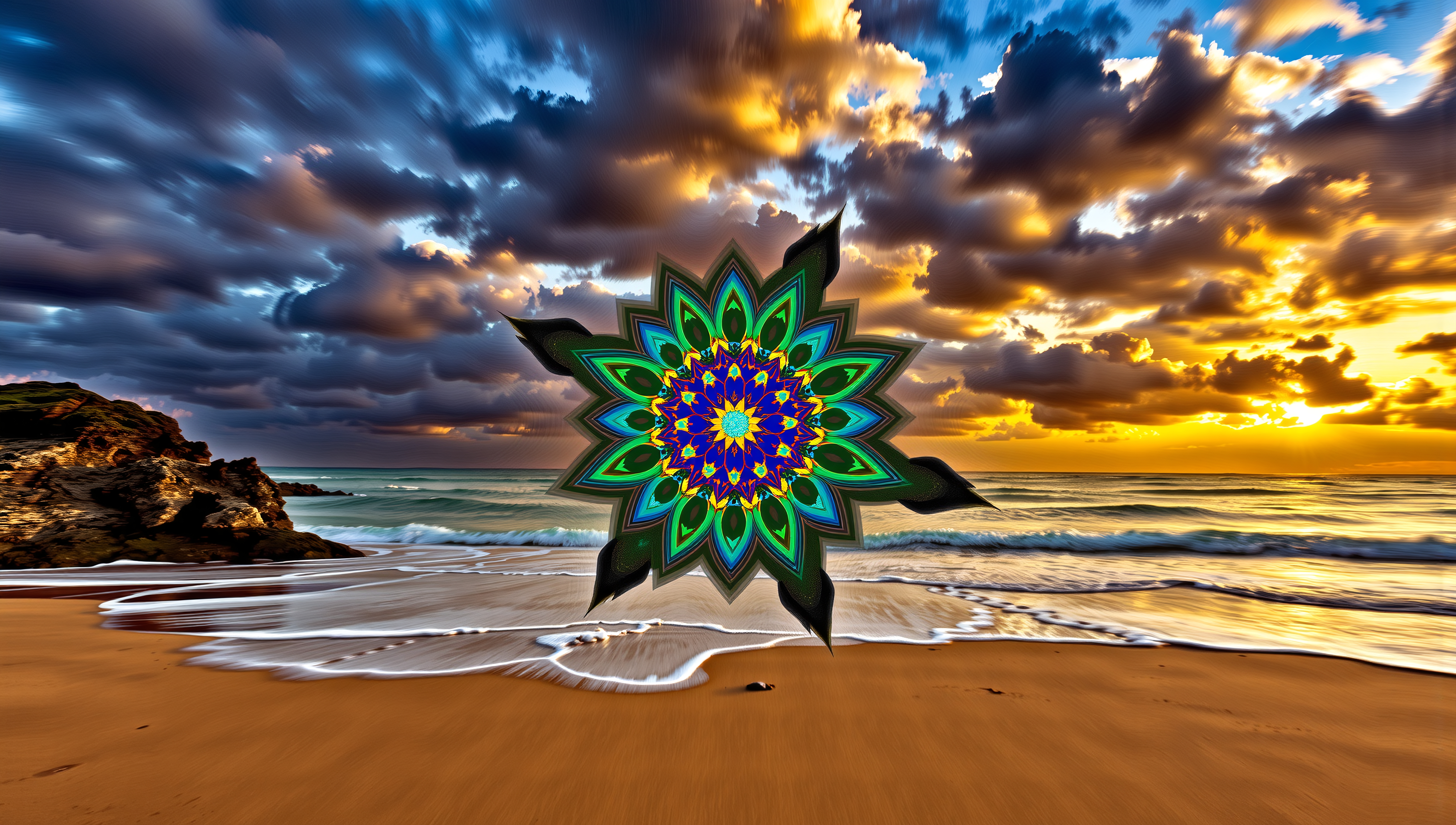 Mystical Mandala Floating on a Dramatic Sunset Beach Scene