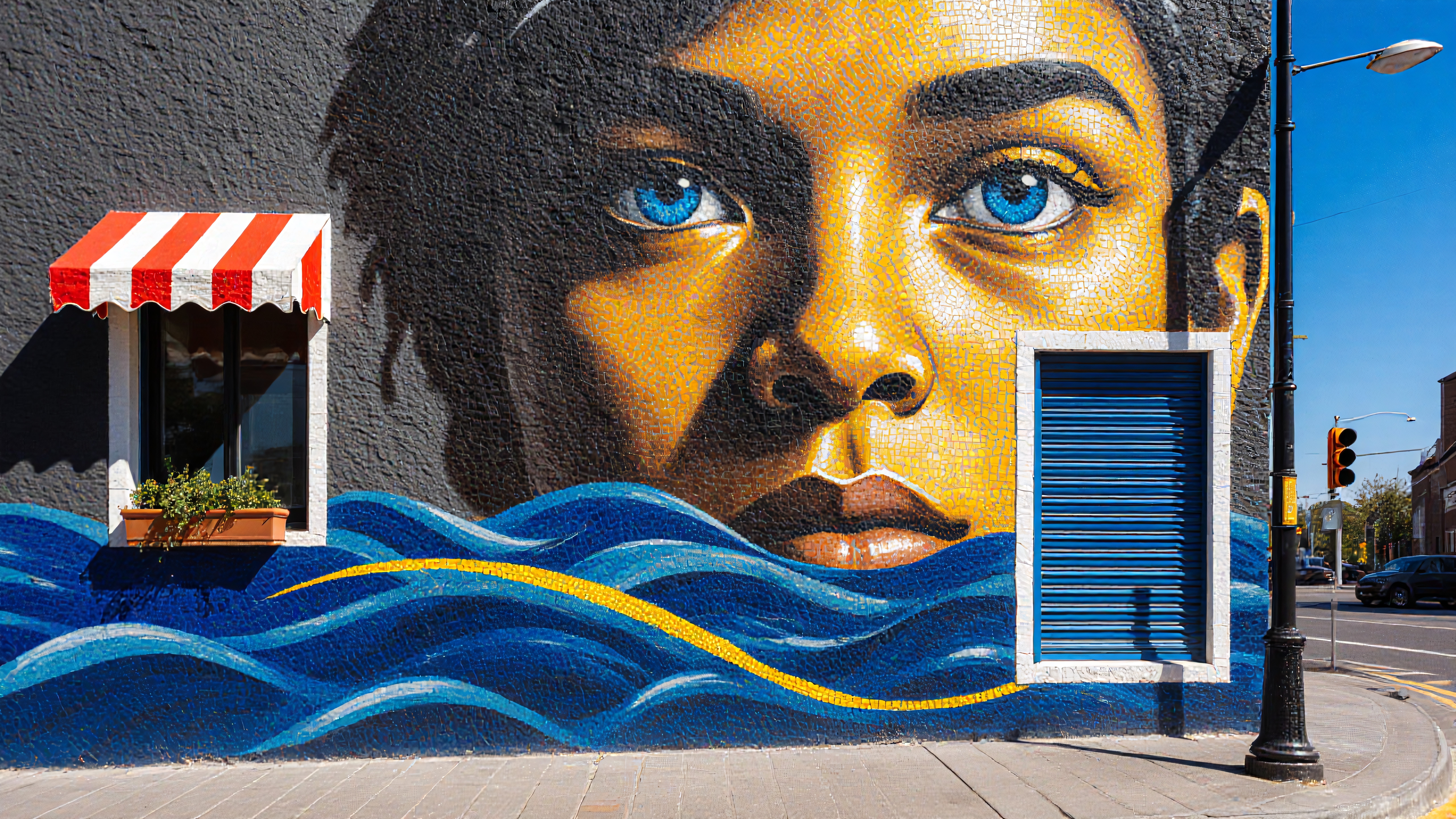 Colorful mural of blue-eyed face with abstract waves, blending into urban landscape with window and street elements.