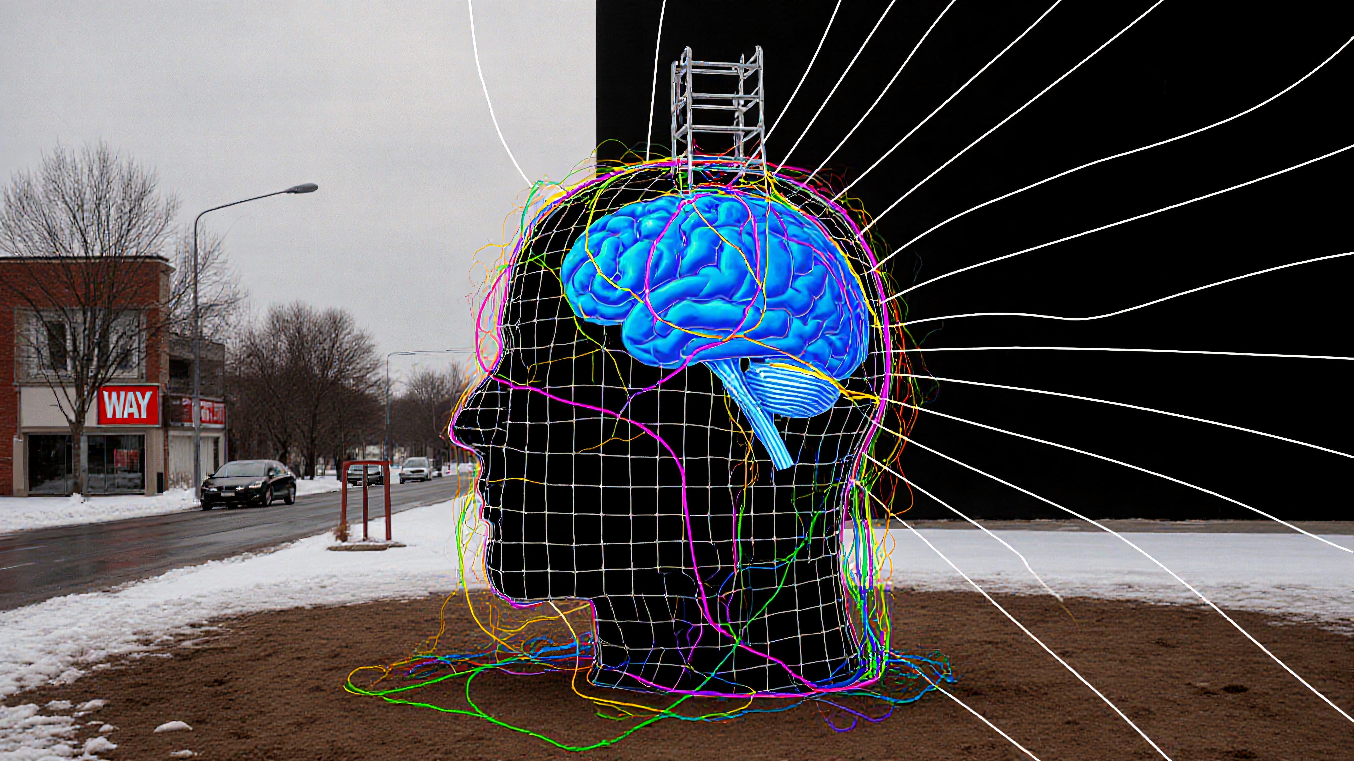 A surreal wirehead sculpture with a blue brain and ladder, set outdoors in a snowy urban landscape.