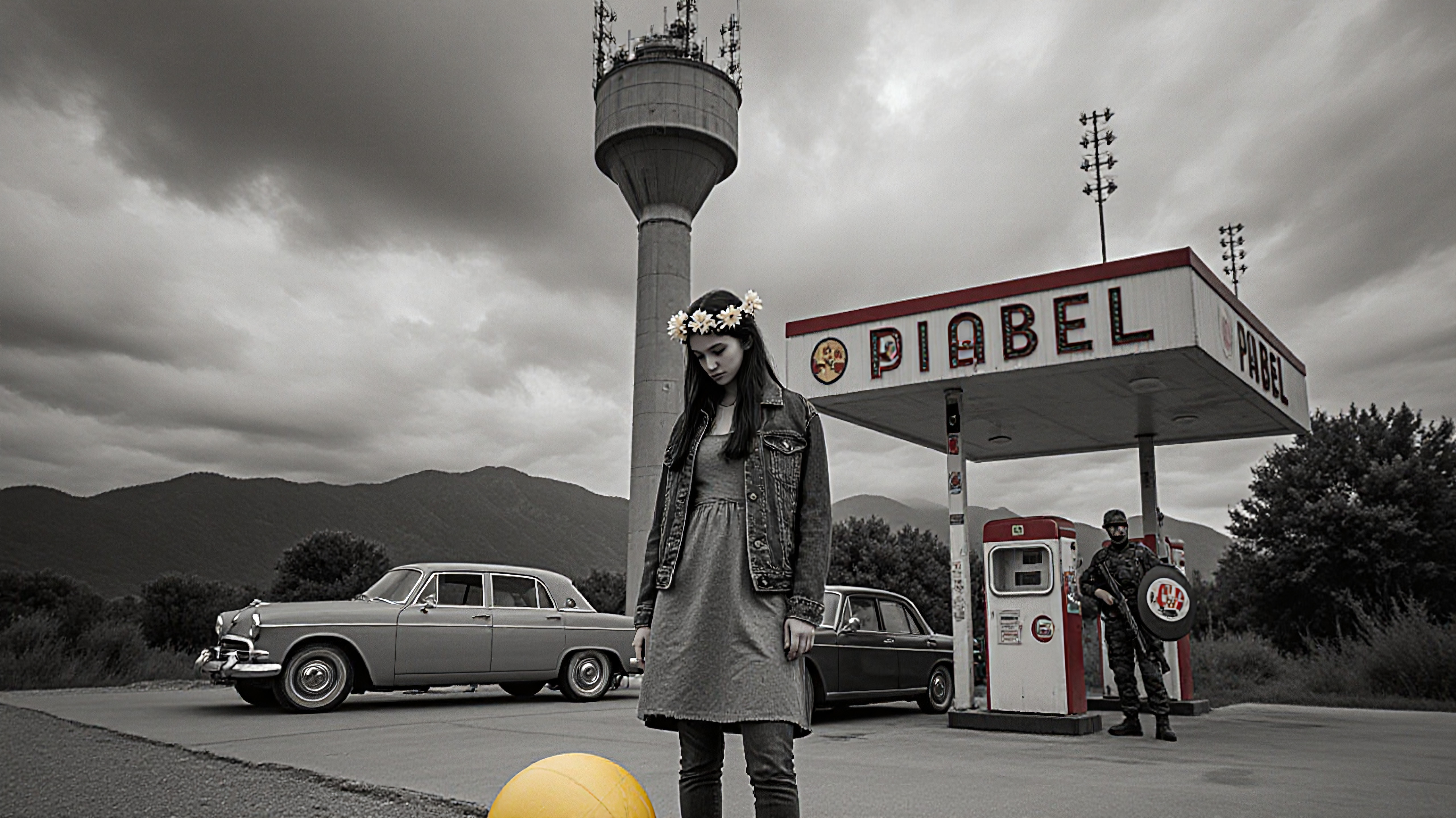 Woman wearing flower crown standing alone at forgotten PIABEL gas station under stormy skies with vintage cars and armed guard nearby.