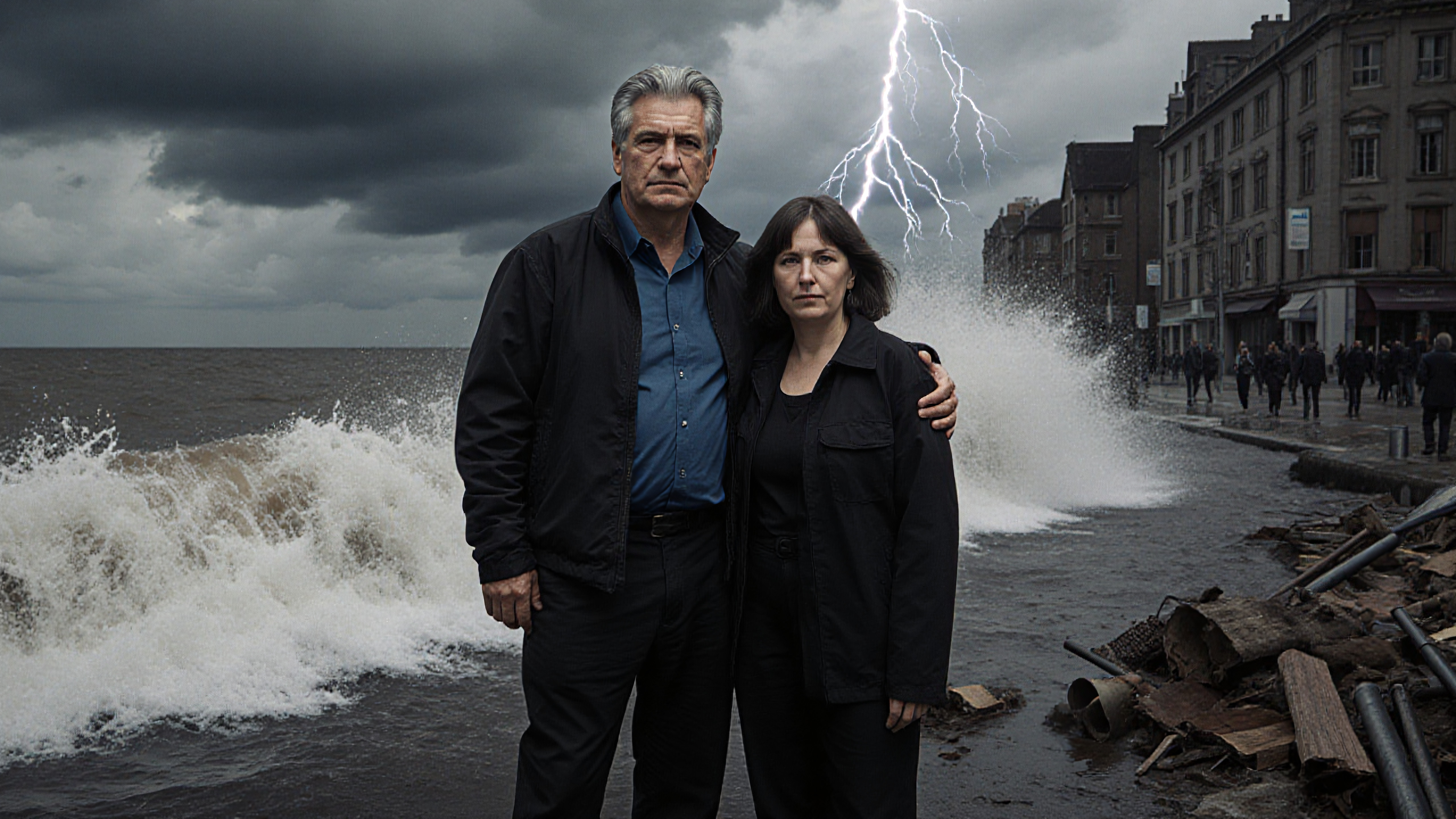 Elderly couple standing through coastal storm surge amidst dramatic lighting and flooding ruins